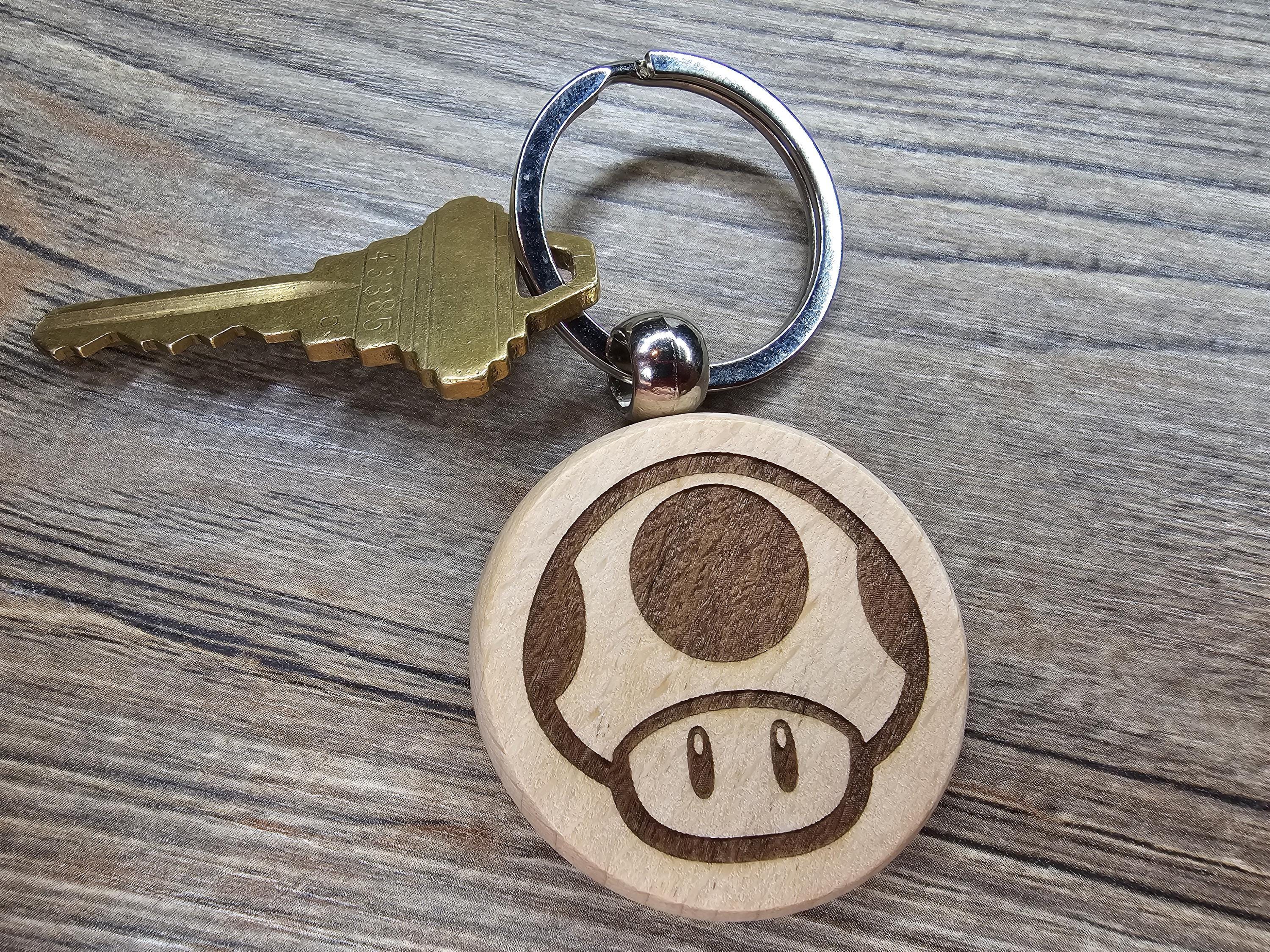 Mario mushroom keychain / bag charm: laser engraved hardwood, stainless steel keyring