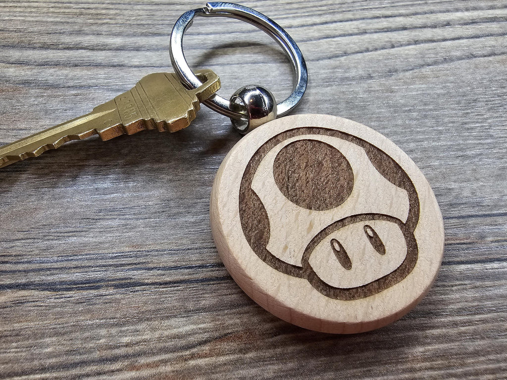 Mario mushroom keychain / bag charm: laser engraved hardwood, stainless steel keyring