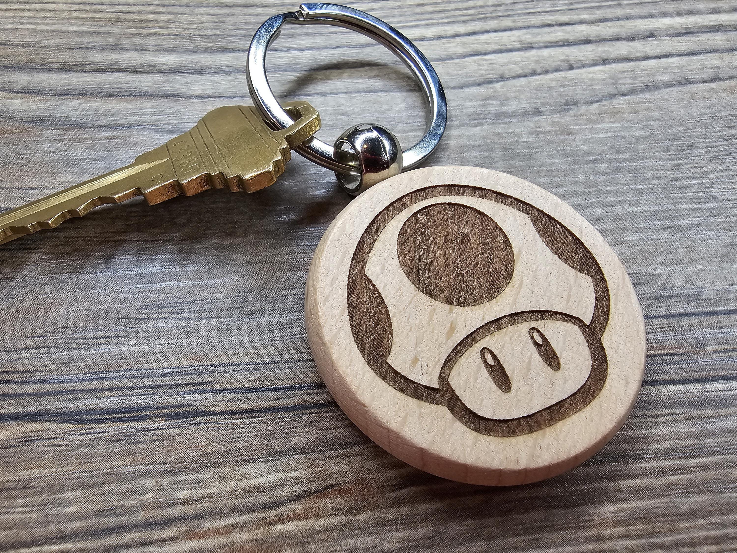 Mario mushroom keychain / bag charm: laser engraved hardwood, stainless steel keyring