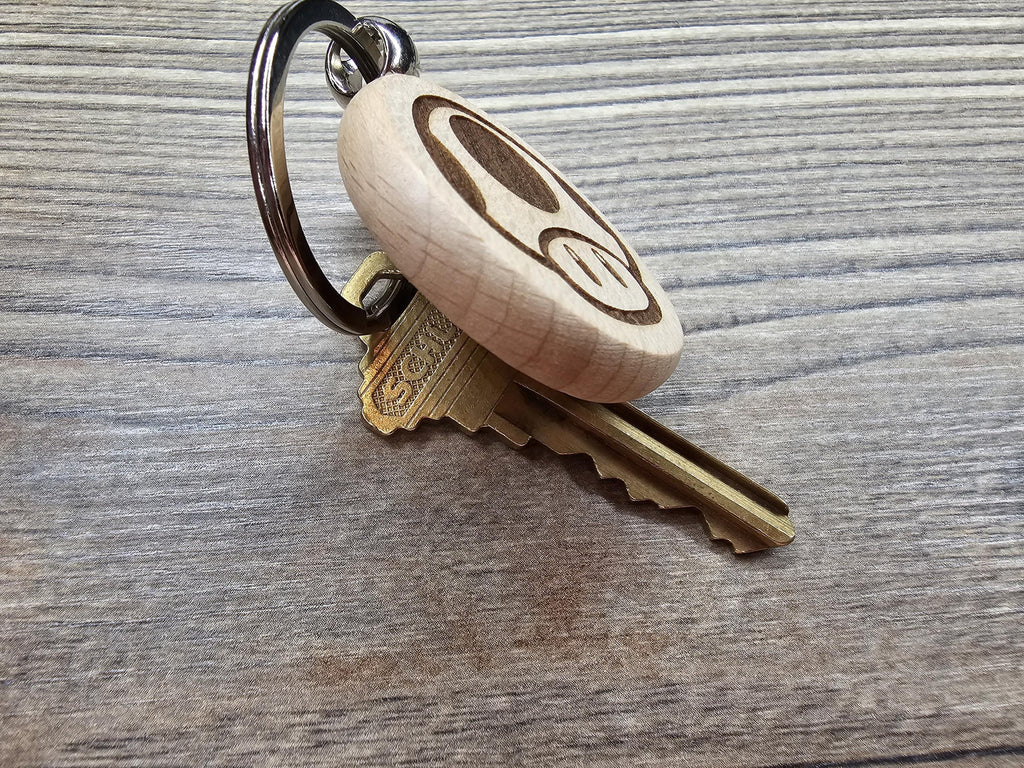 Mario mushroom keychain / bag charm: laser engraved hardwood, stainless steel keyring