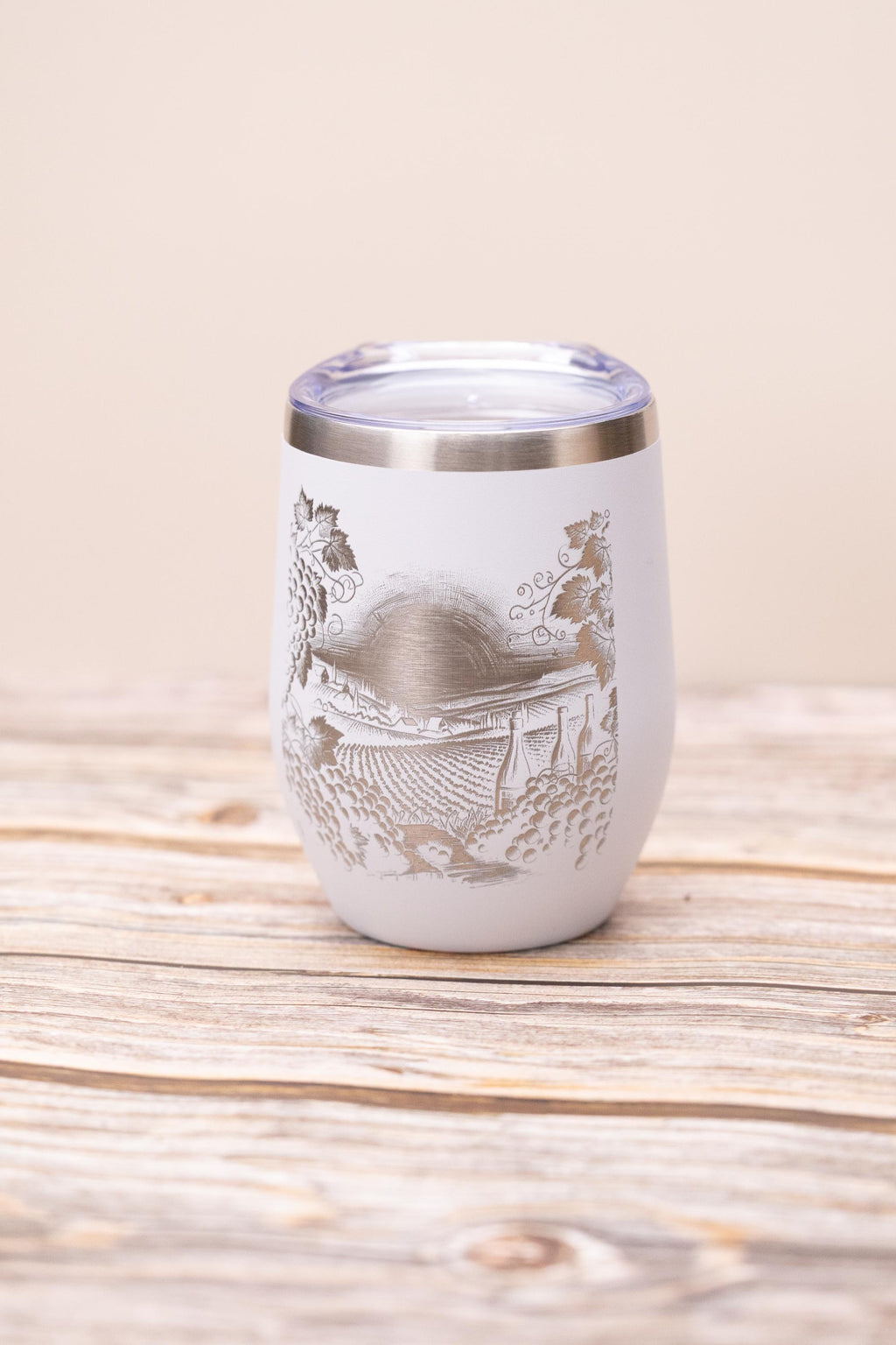 Laser engraved vineyard wine tumbler: stainless steel, 12 oz with lid