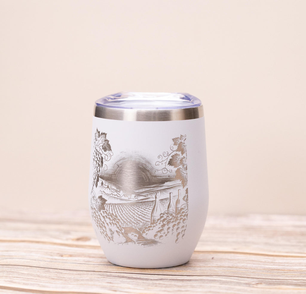 Laser engraved vineyard wine tumbler: stainless steel, 12 oz with lid