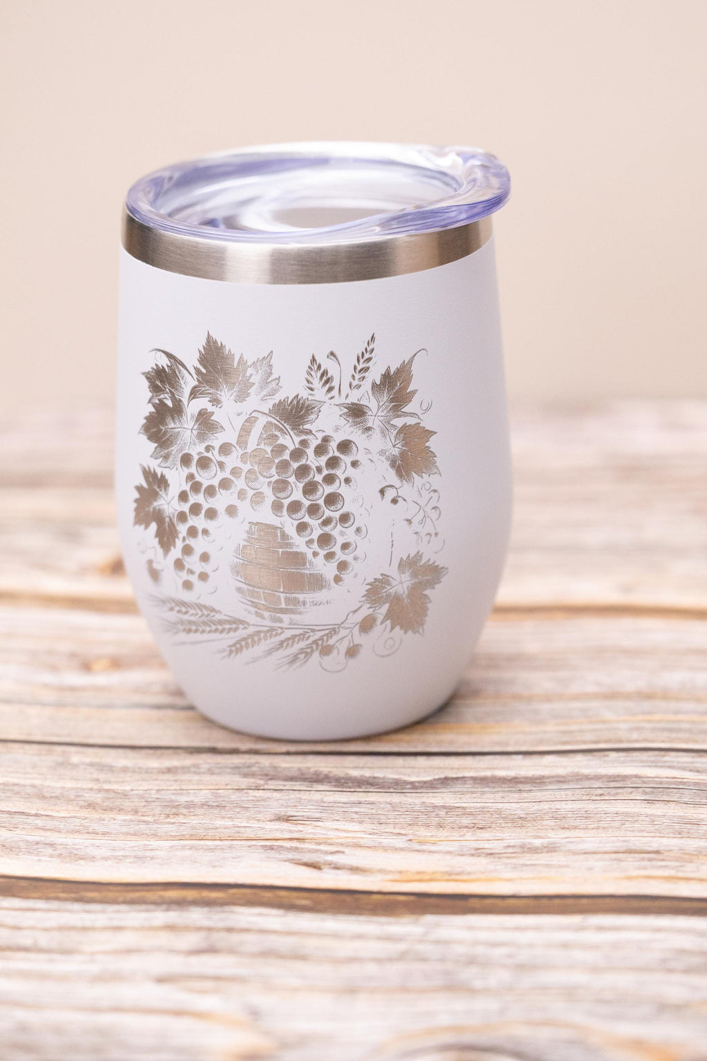 Laser engraved grape wine tumbler: stainless steel 12oz with lid