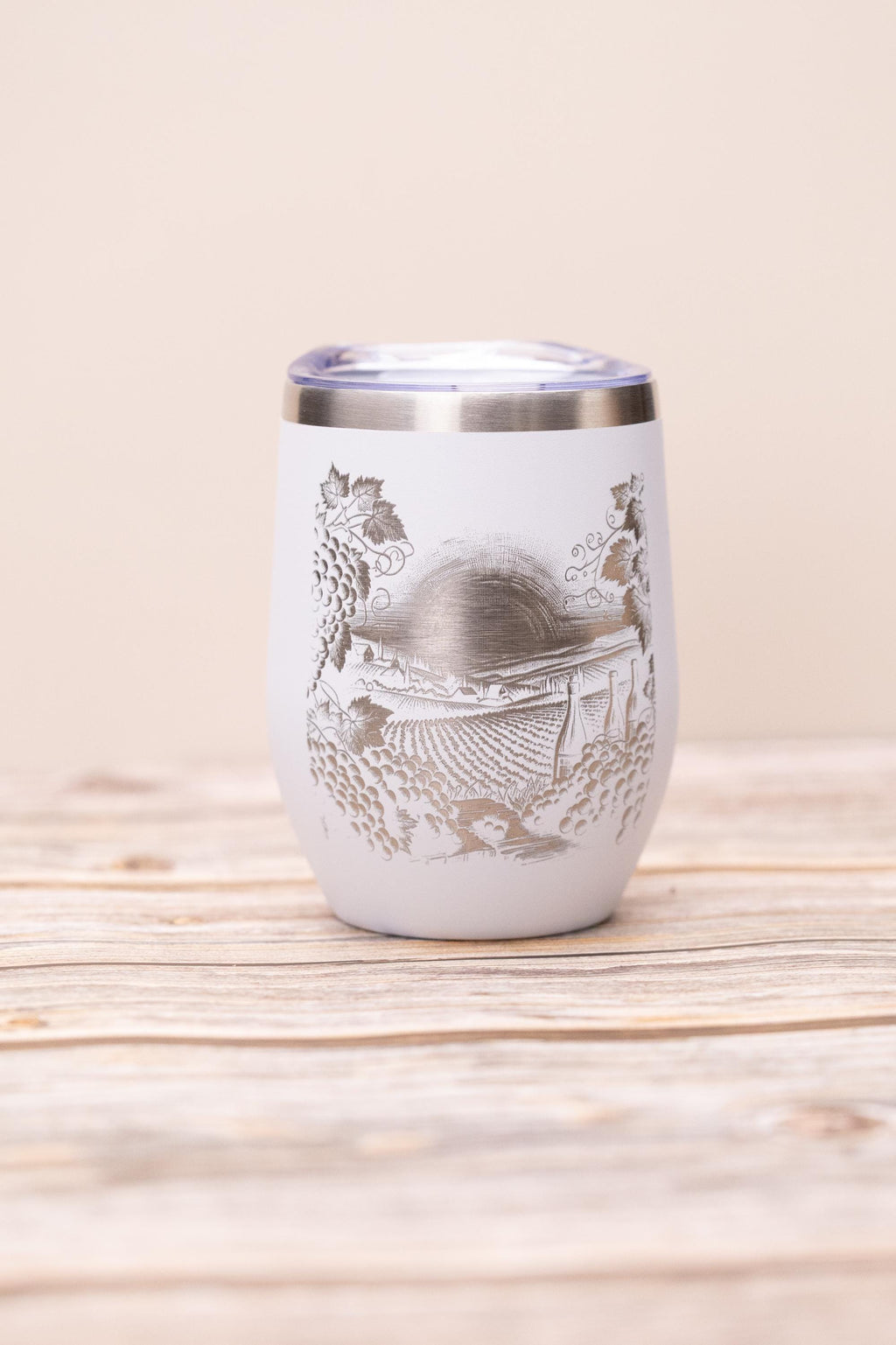 Laser engraved vineyard wine tumbler: stainless steel, 12 oz with lid