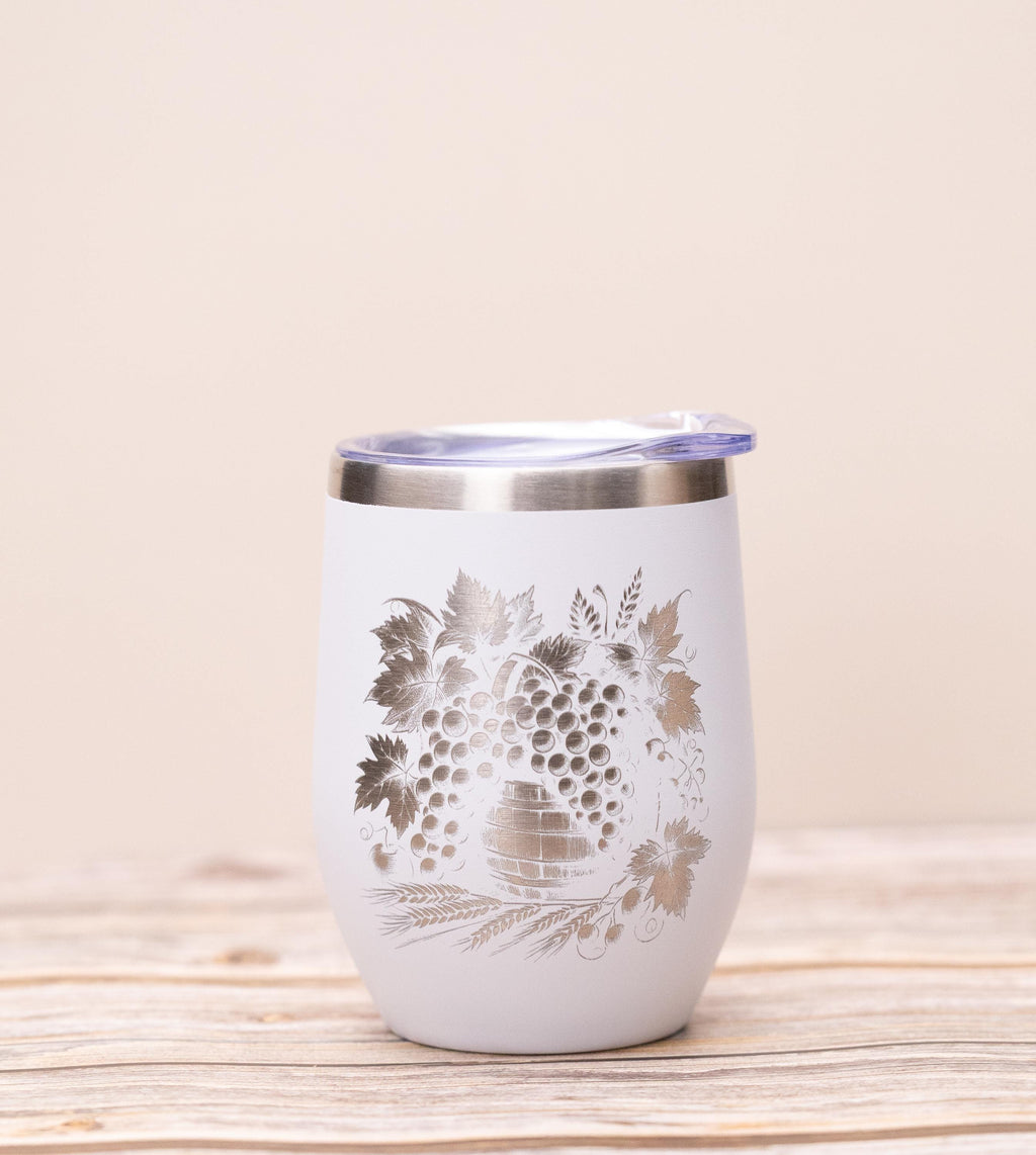 Laser engraved grape wine tumbler: stainless steel 12oz with lid