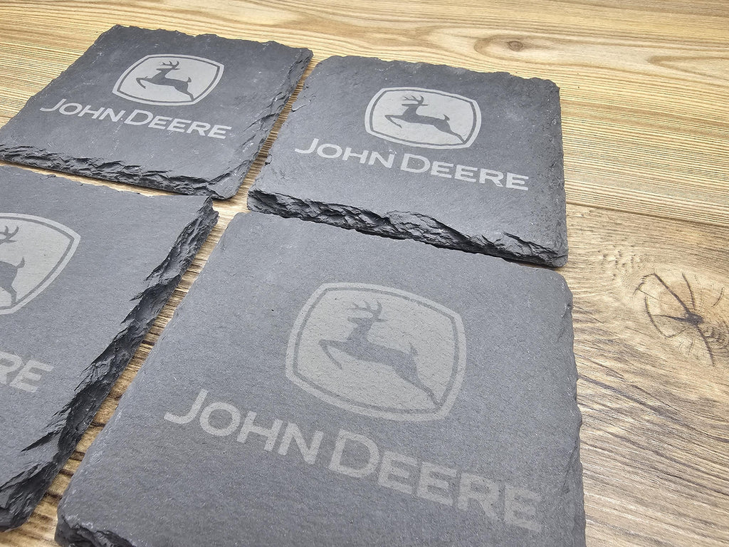 Laser engraved john deere slate coasters: home bar gift, set of 4