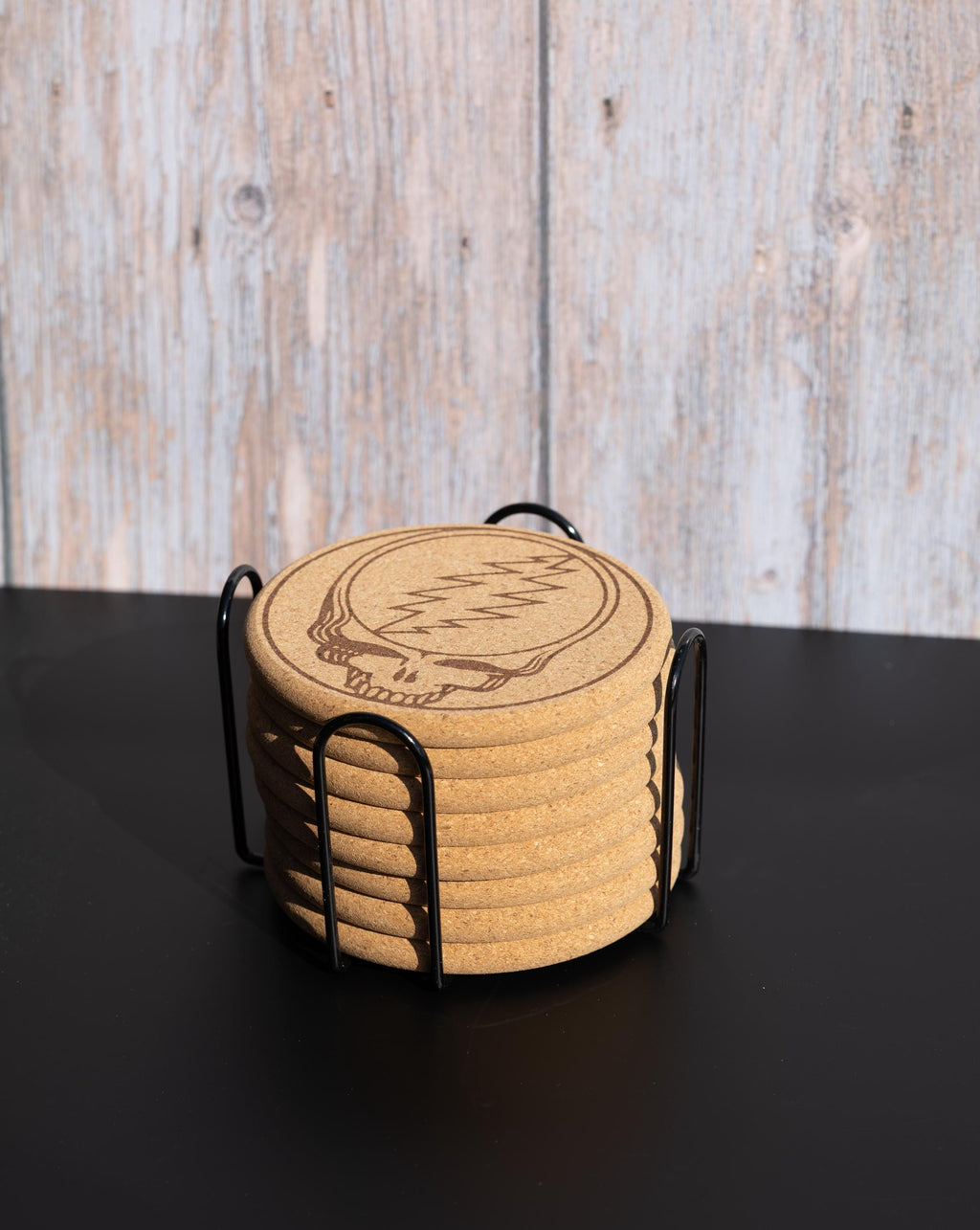 Grateful dead “steal your face” cork coaster set of 8 with holder | laser engraved music lover drink coasters