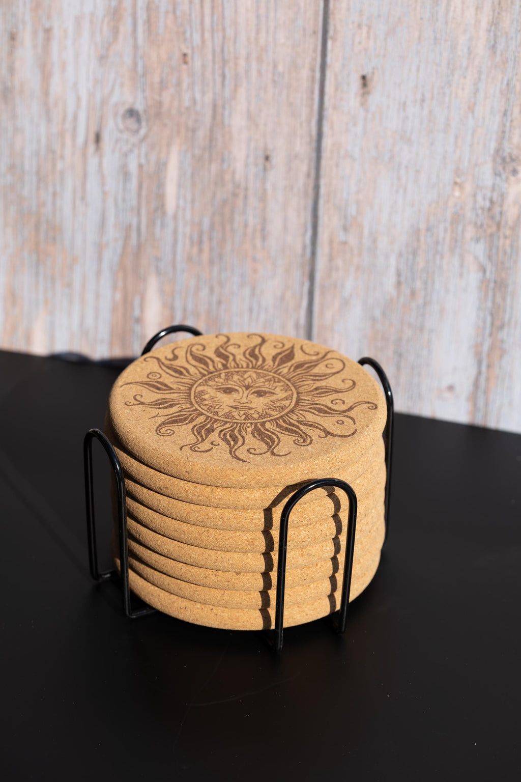 Laser engraved sun cork coaster set: boho rustic drink coasters