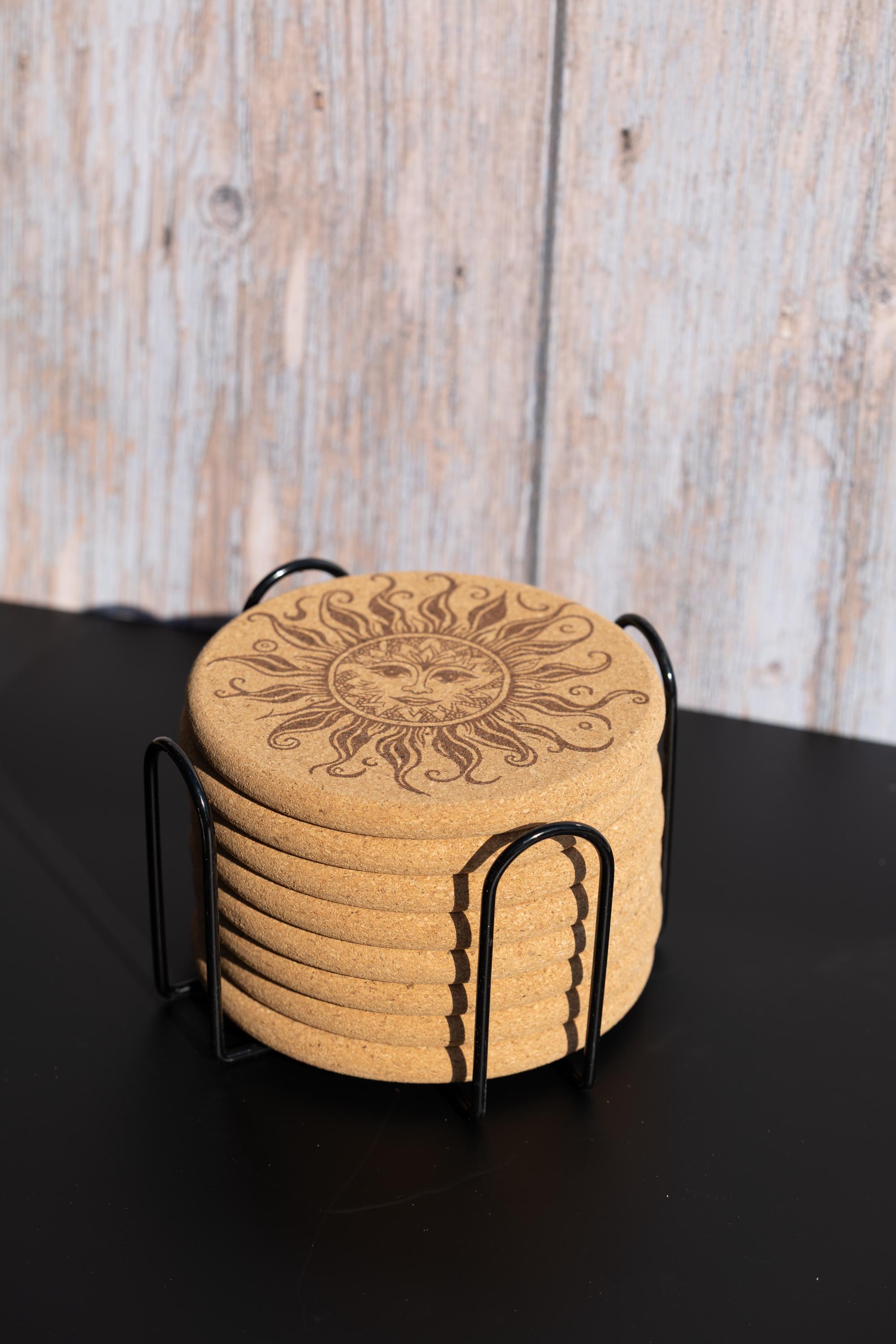 Laser engraved sun cork coaster set: boho rustic drink coasters