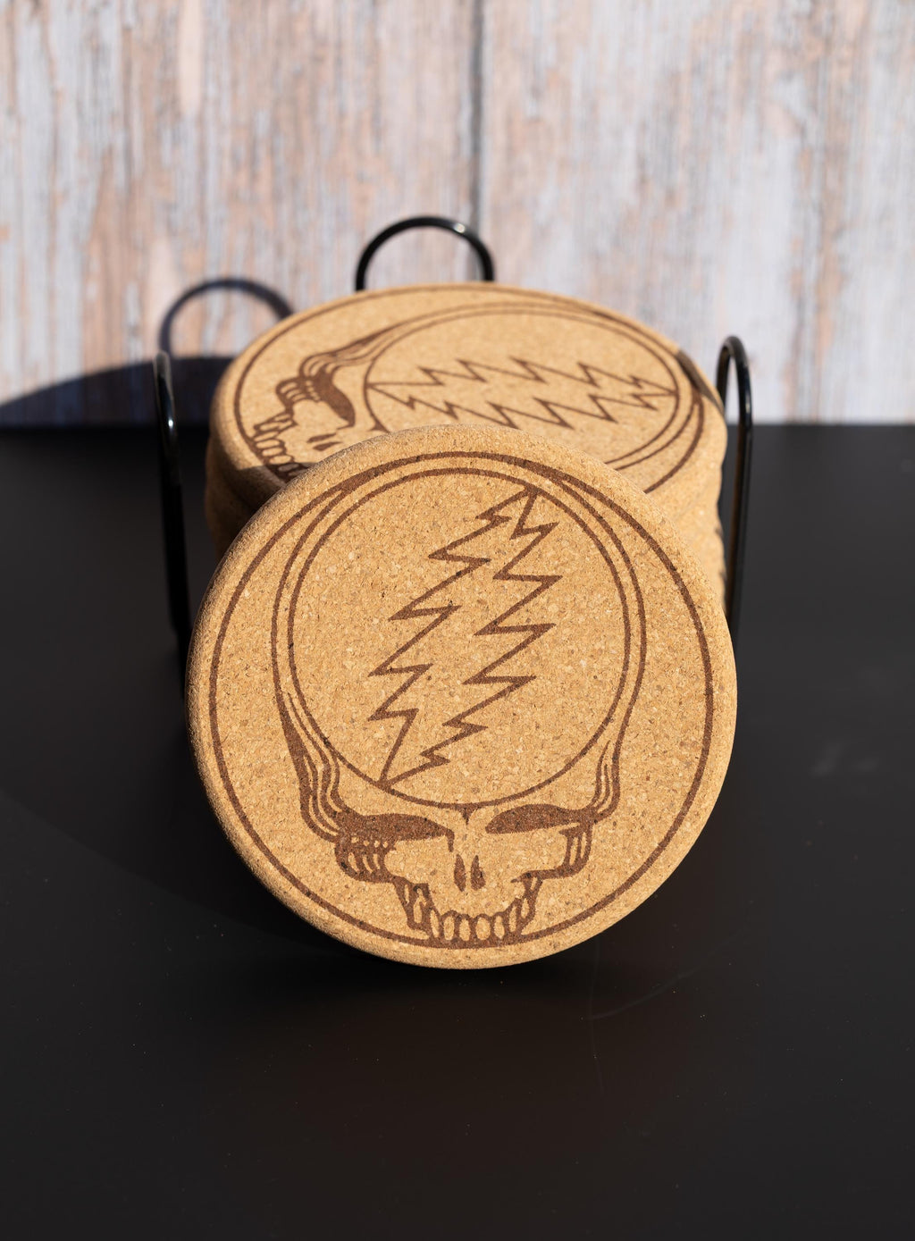 Grateful dead “steal your face” cork coaster set of 8 with holder | laser engraved music lover drink coasters