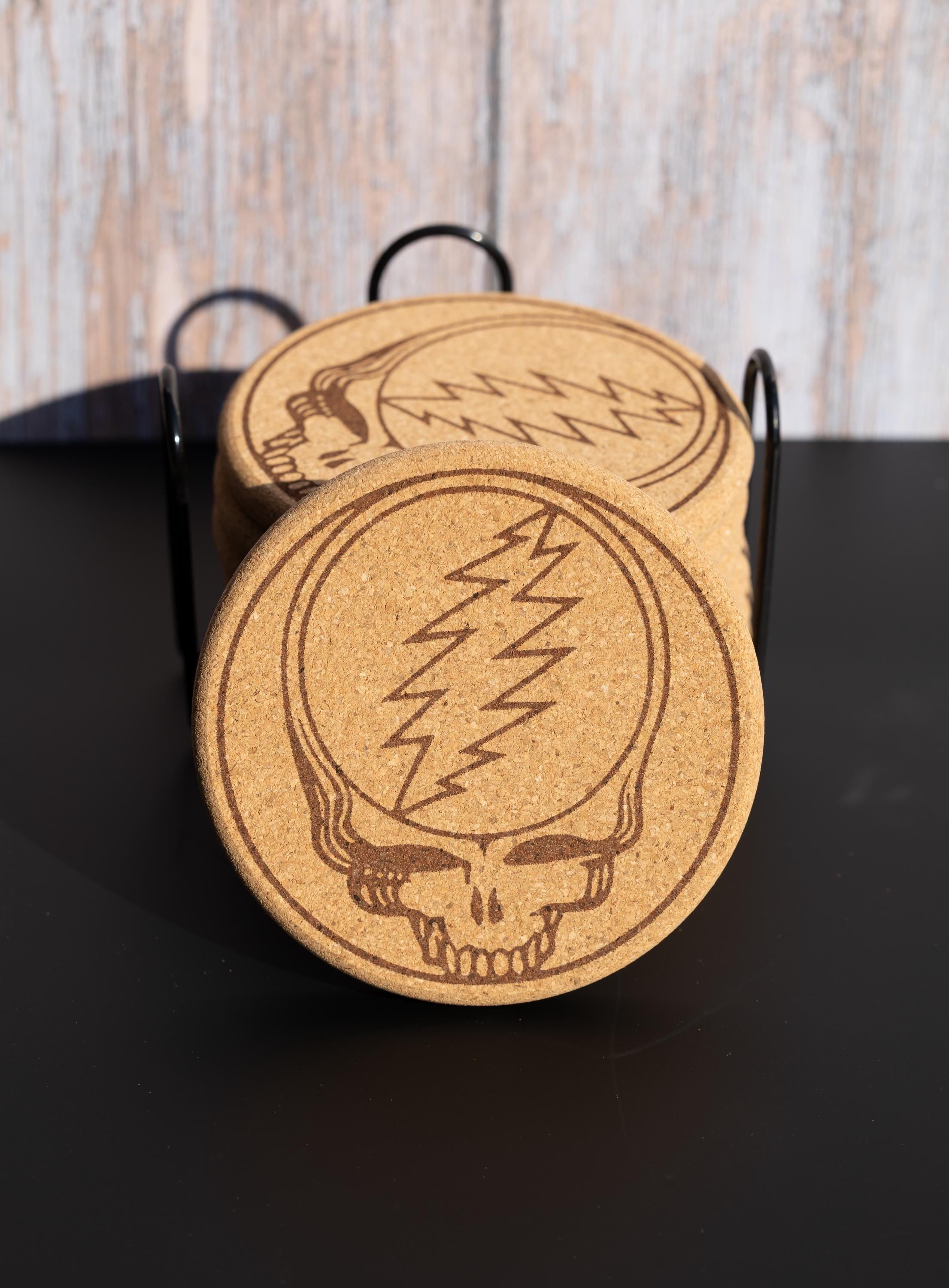 Grateful dead “steal your face” cork coaster set of 8 with holder | laser engraved music lover drink coasters