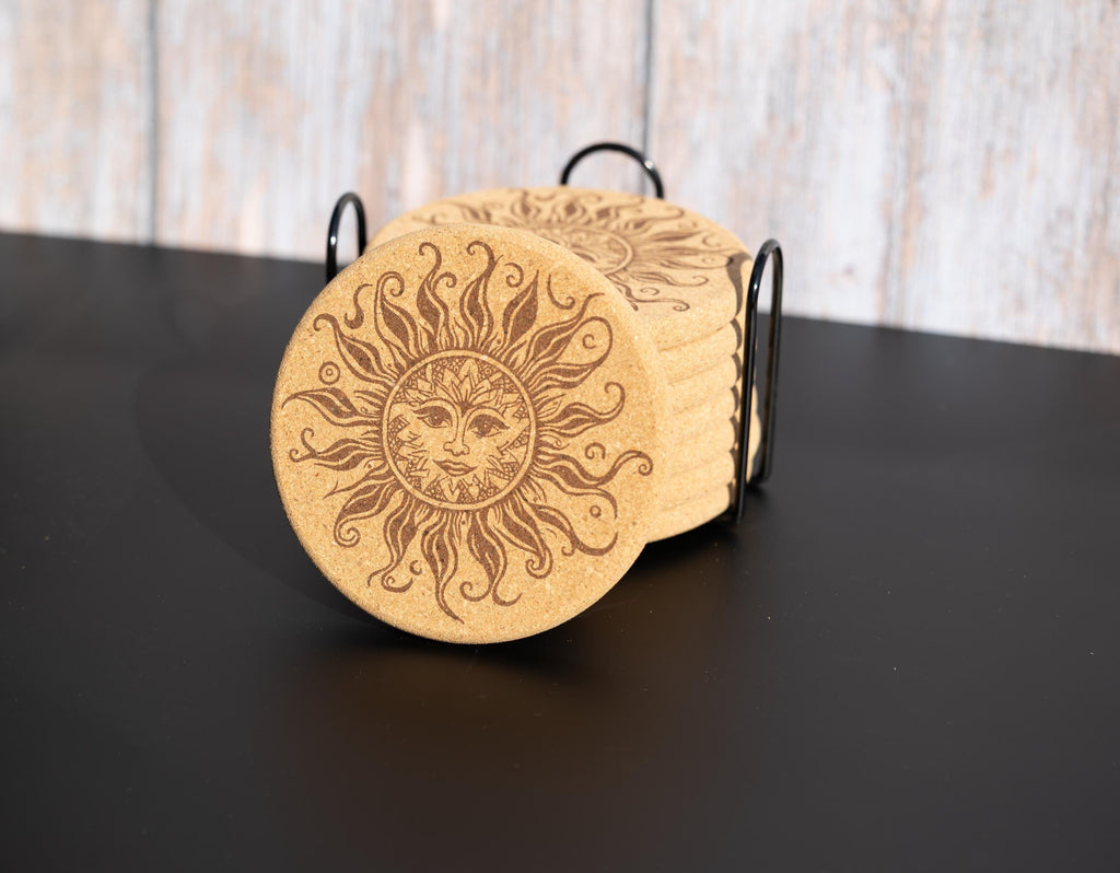 Laser engraved sun cork coaster set: boho rustic drink coasters