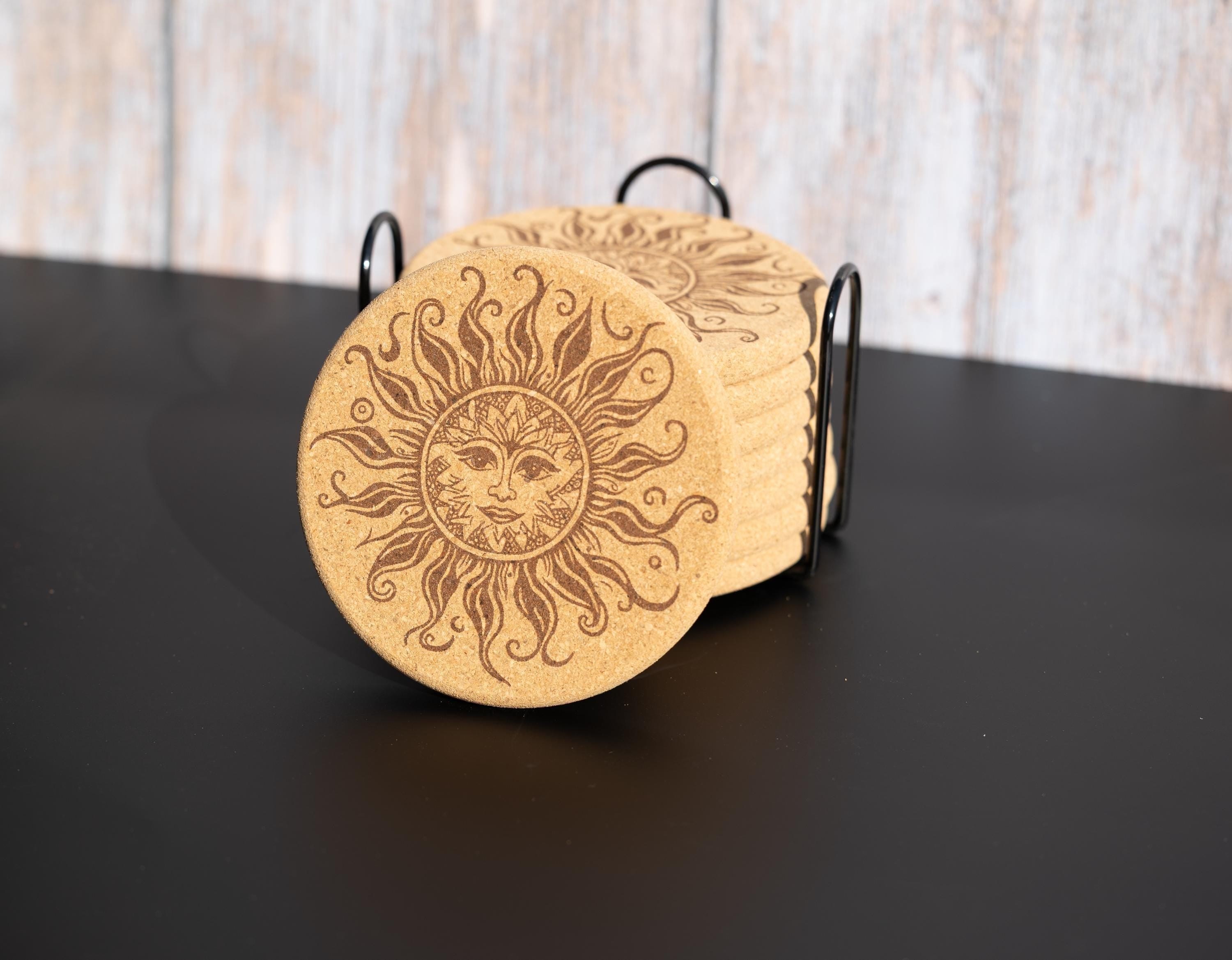 Laser engraved sun cork coaster set: boho rustic drink coasters