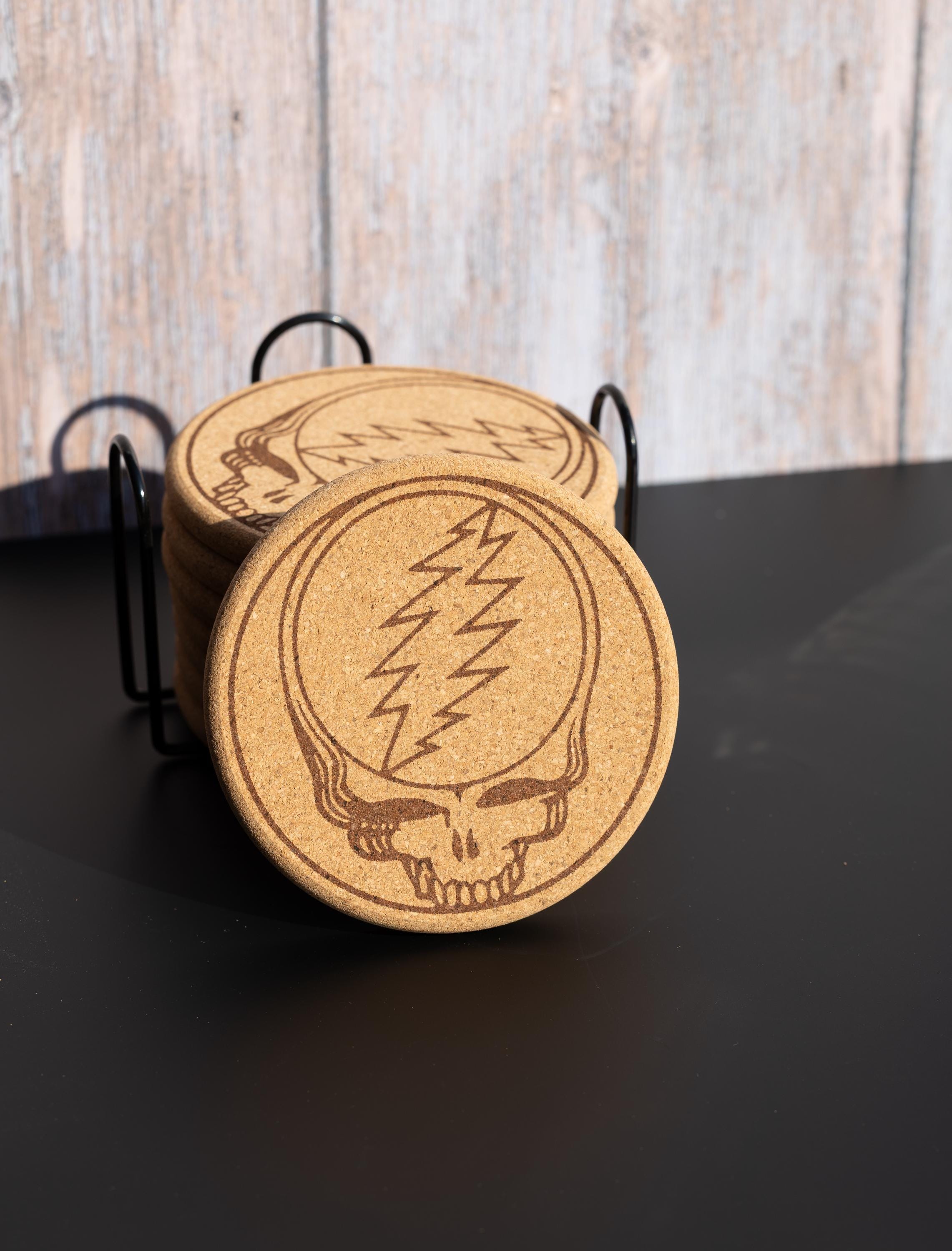 Grateful dead “steal your face” cork coaster set of 8 with holder | laser engraved music lover drink coasters