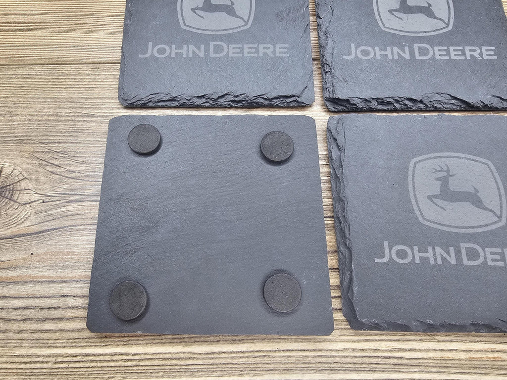 Laser engraved john deere slate coasters: home bar gift, set of 4