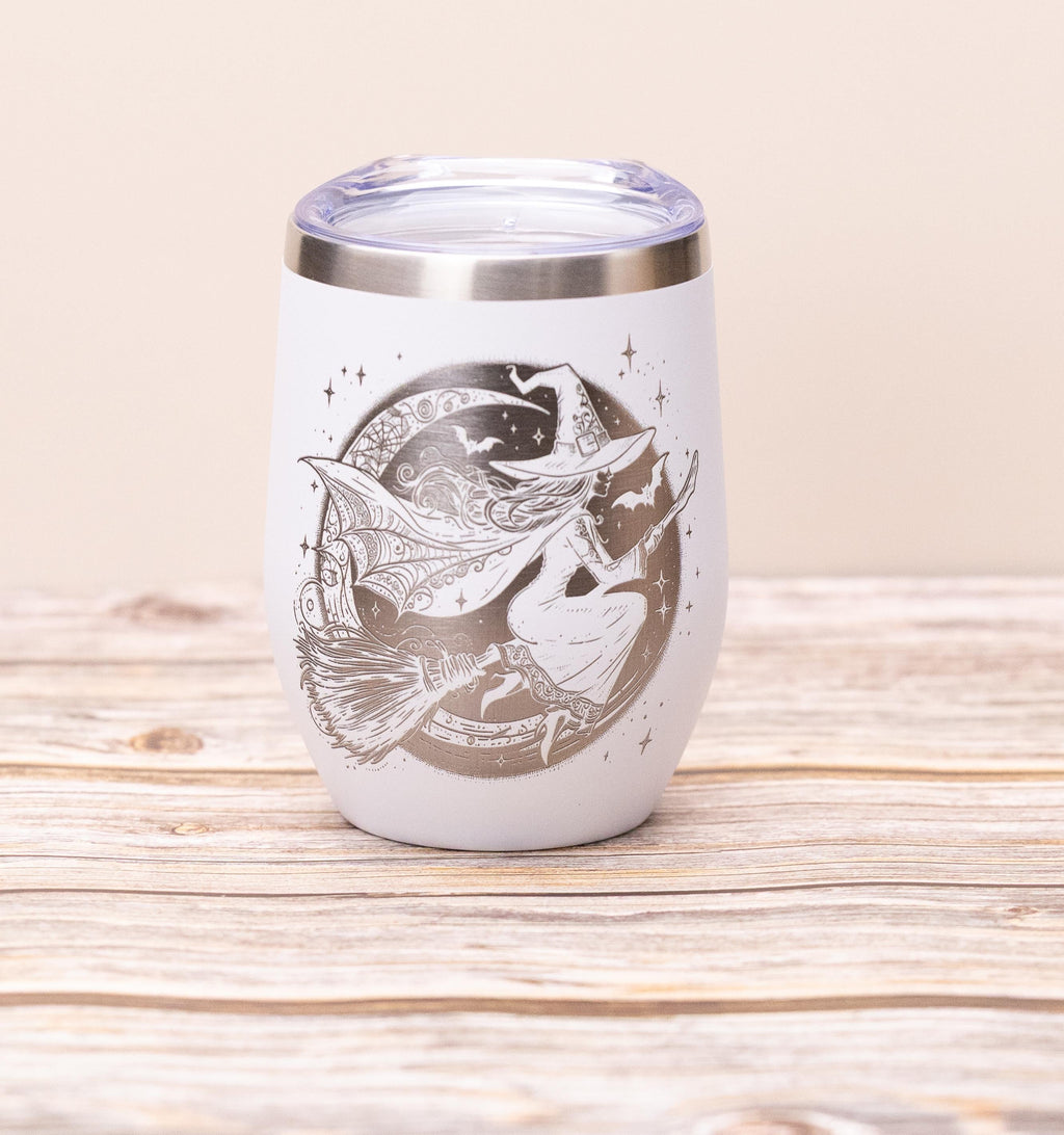 Witch wine tumbler 12 oz | laser engraved stainless steel cup with lid | spooky halloween gift for wine lovers
