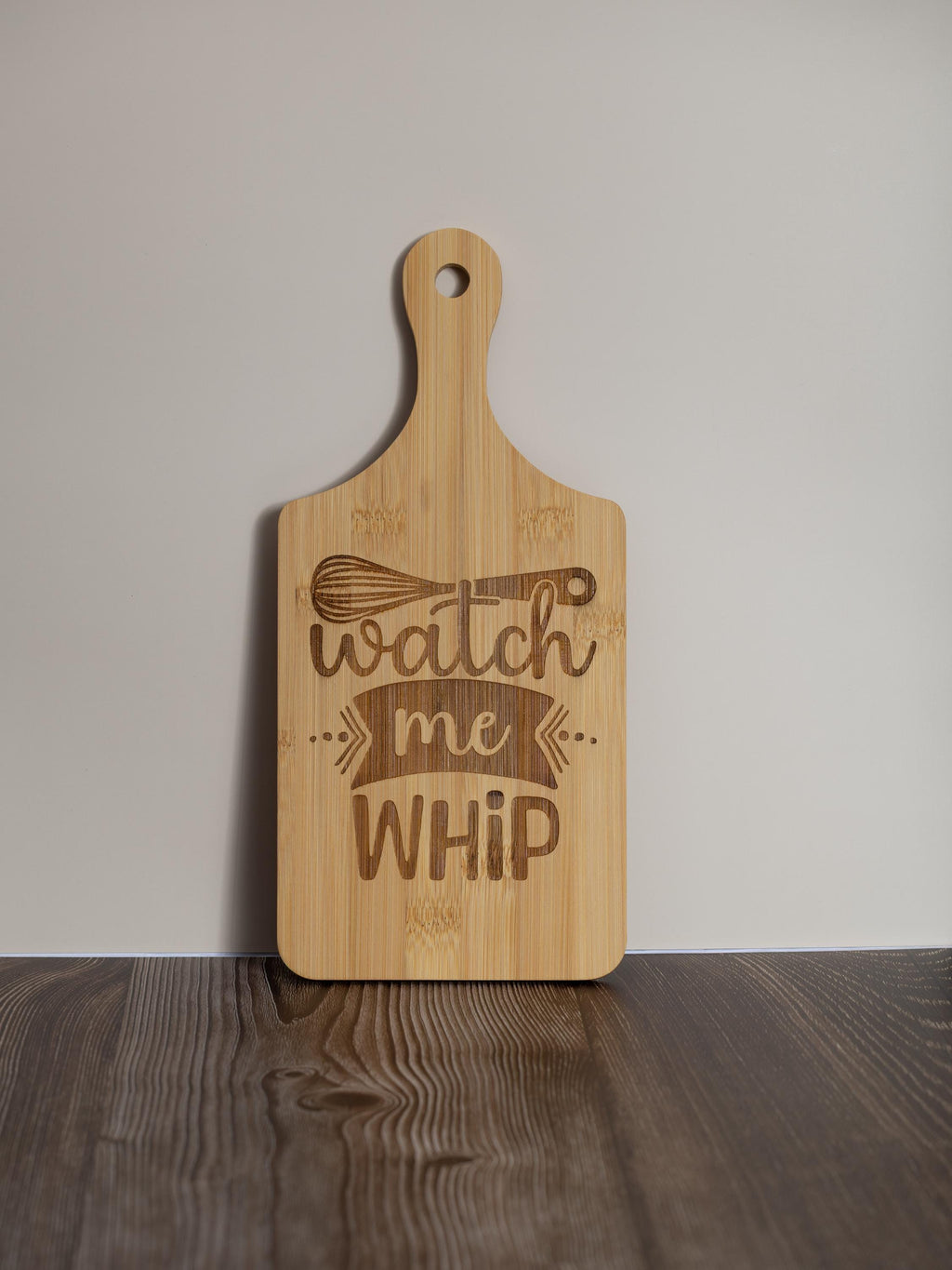 Watch me whip bamboo cutting board | 5"x11" laser engraved funny kitchen board | small rustic prep & serving board