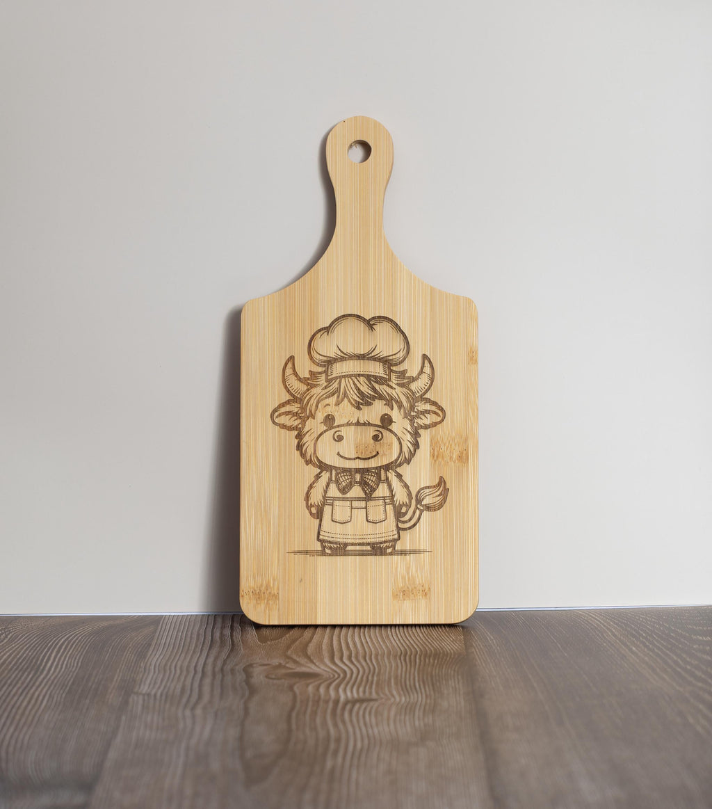 Highland cow bamboo cutting board: rustic farmhouse kitchen decor (5"x11")