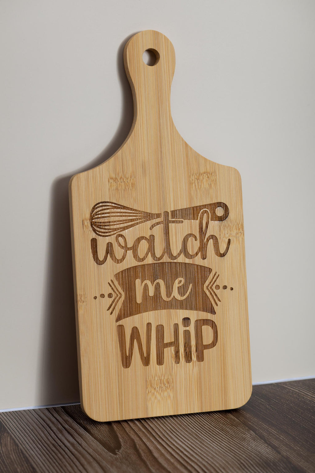 Watch me whip bamboo cutting board | 5"x11" laser engraved funny kitchen board | small rustic prep & serving board