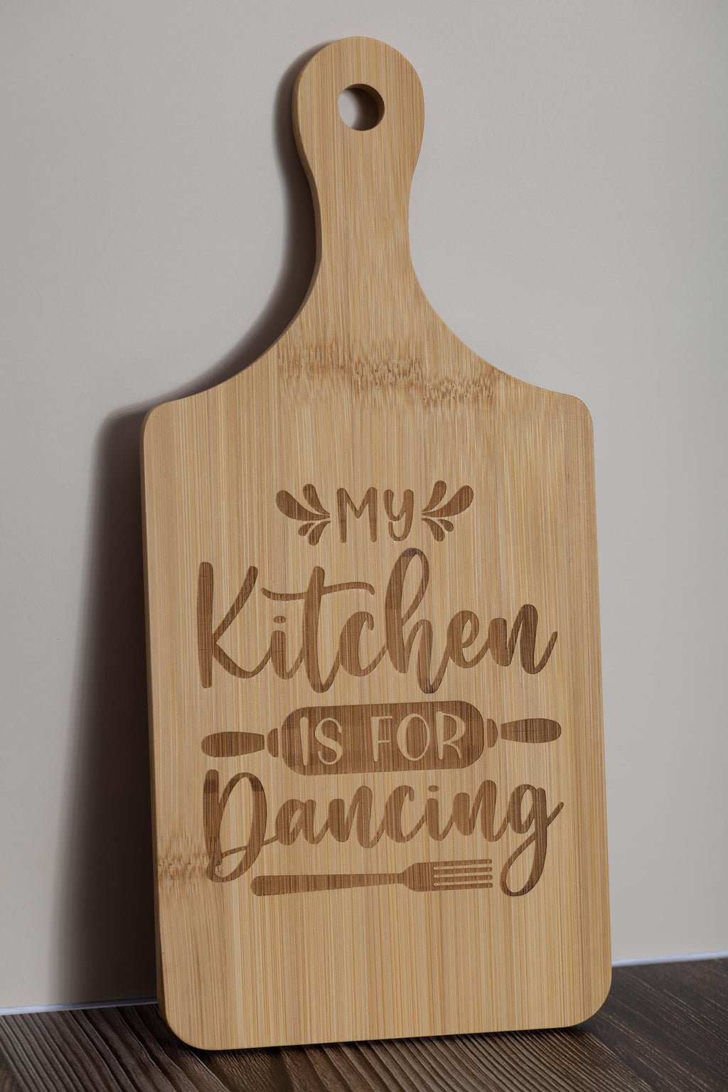 My kitchen is for dancing bamboo cutting board: laser engraved decor (5x11)