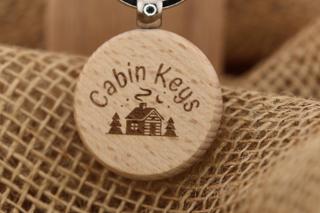 Cabin keys keychain: laser engraved hardwood with stainless steel keyring