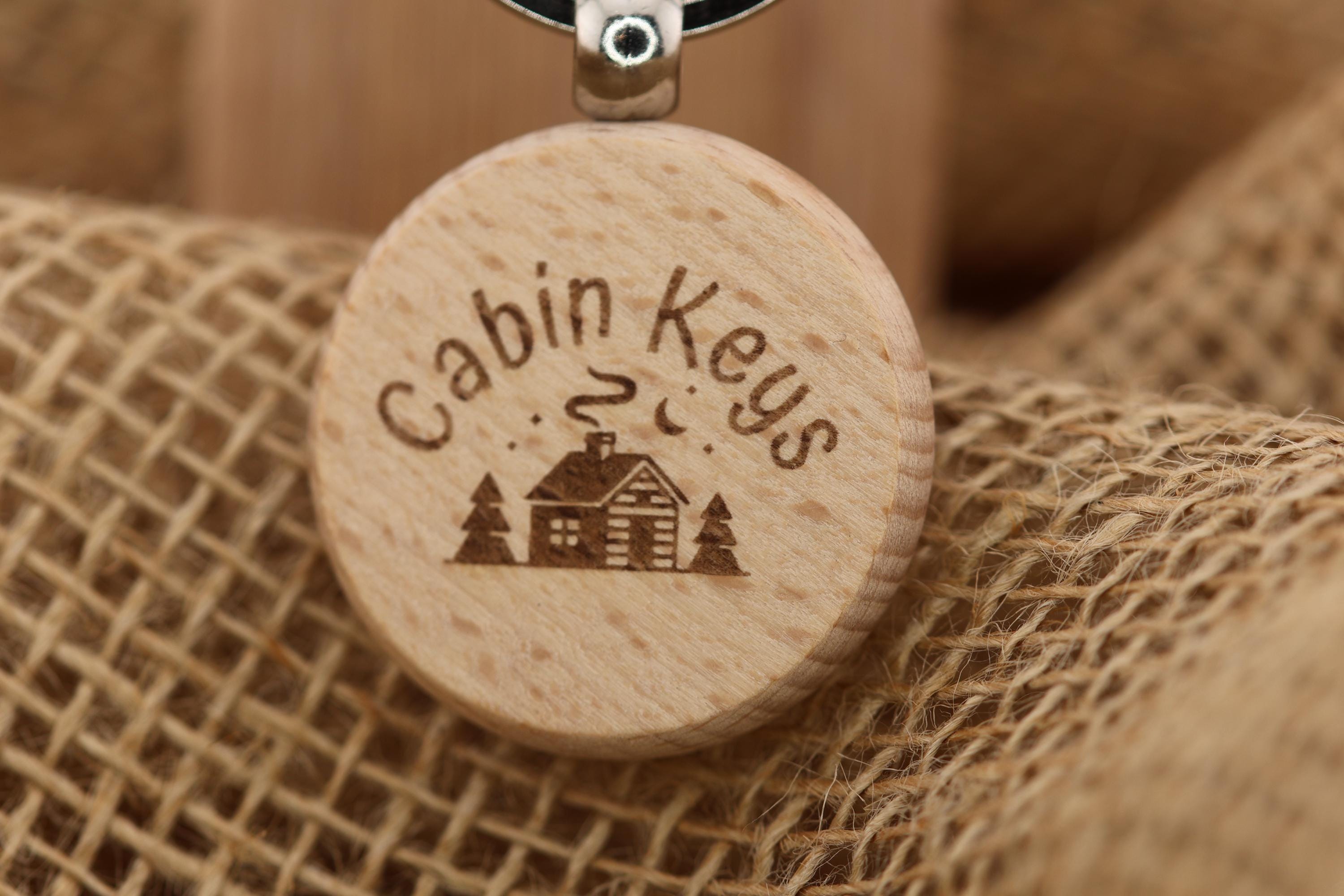 Cabin keys keychain: laser engraved hardwood with stainless steel keyring