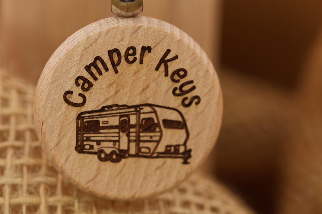 Laser engraved wood camper keychain: RV gift with stainless steel keyring
