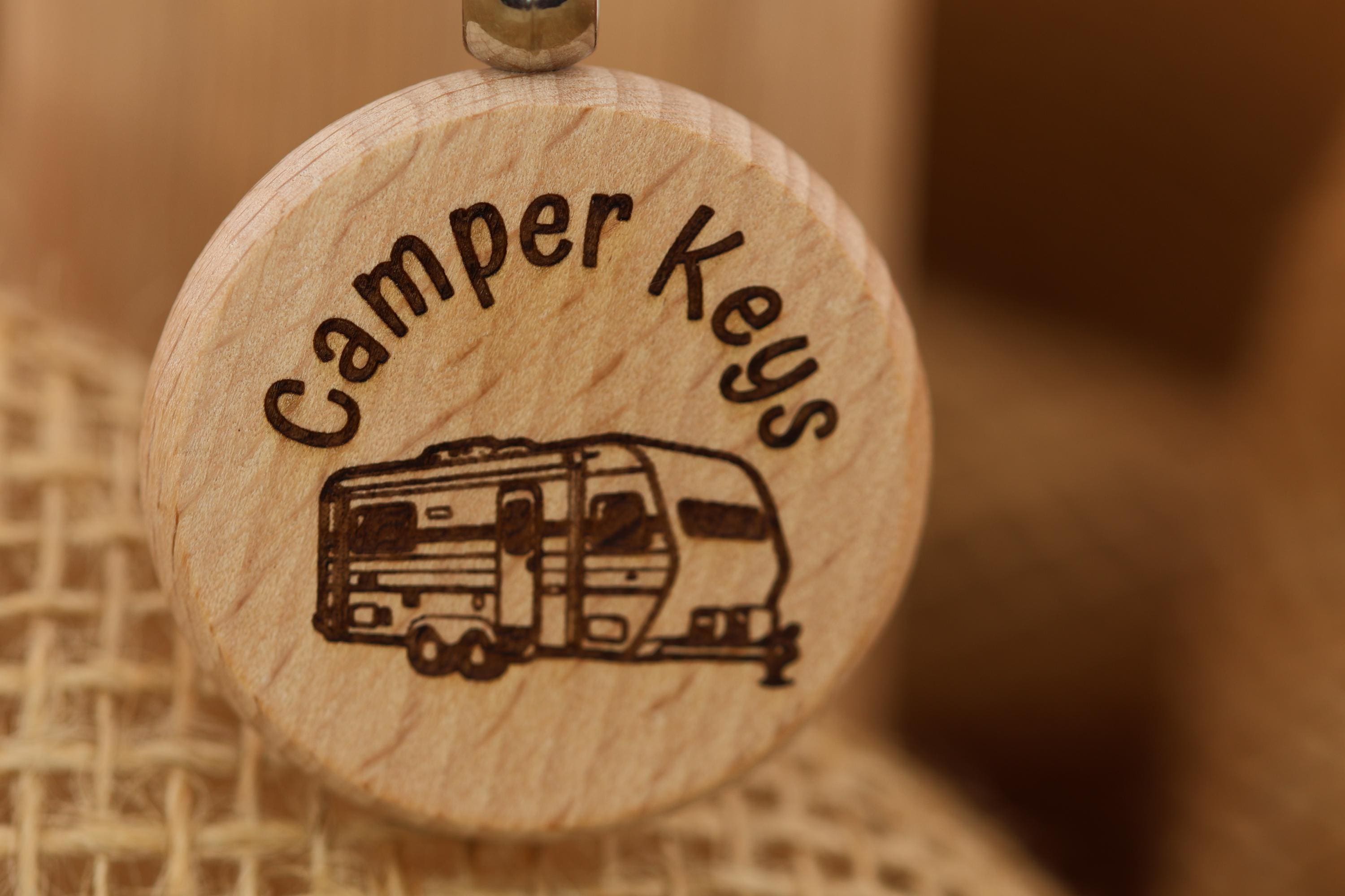 Laser engraved wood camper keychain: RV gift with stainless steel keyring