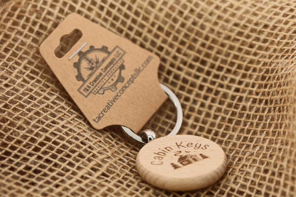 Cabin keys keychain: laser engraved hardwood with stainless steel keyring