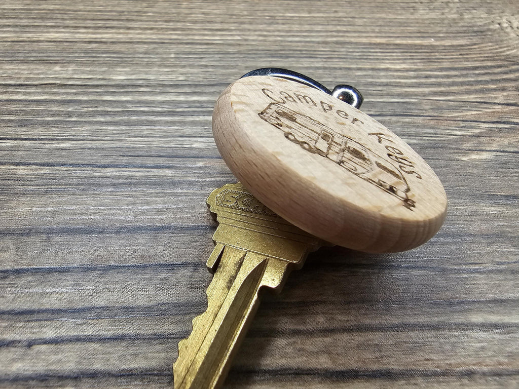 Laser engraved wood camper keychain: RV gift with stainless steel keyring