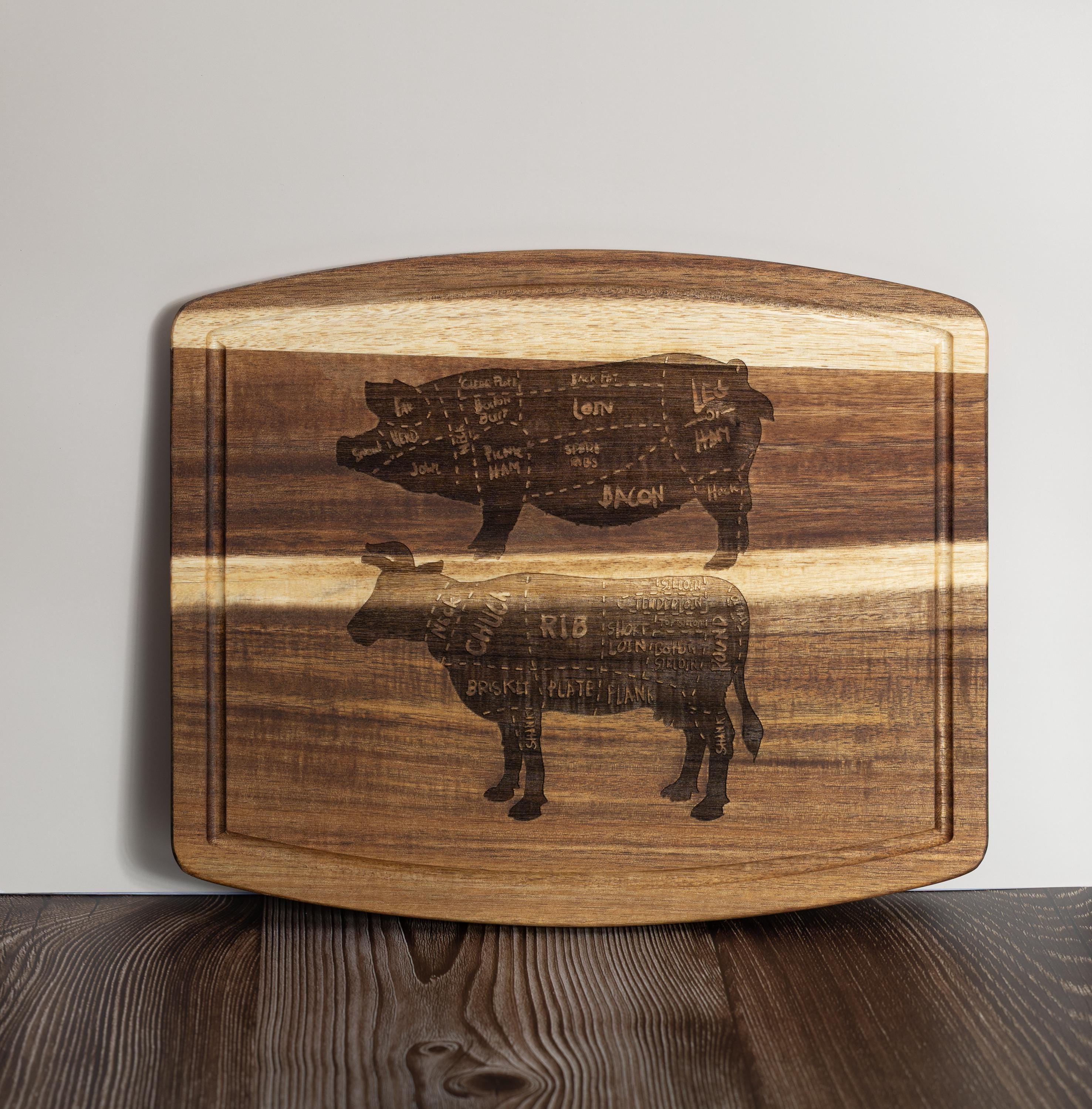 Acacia wood butcher diagram cutting board: laser engraved pig & cow chart