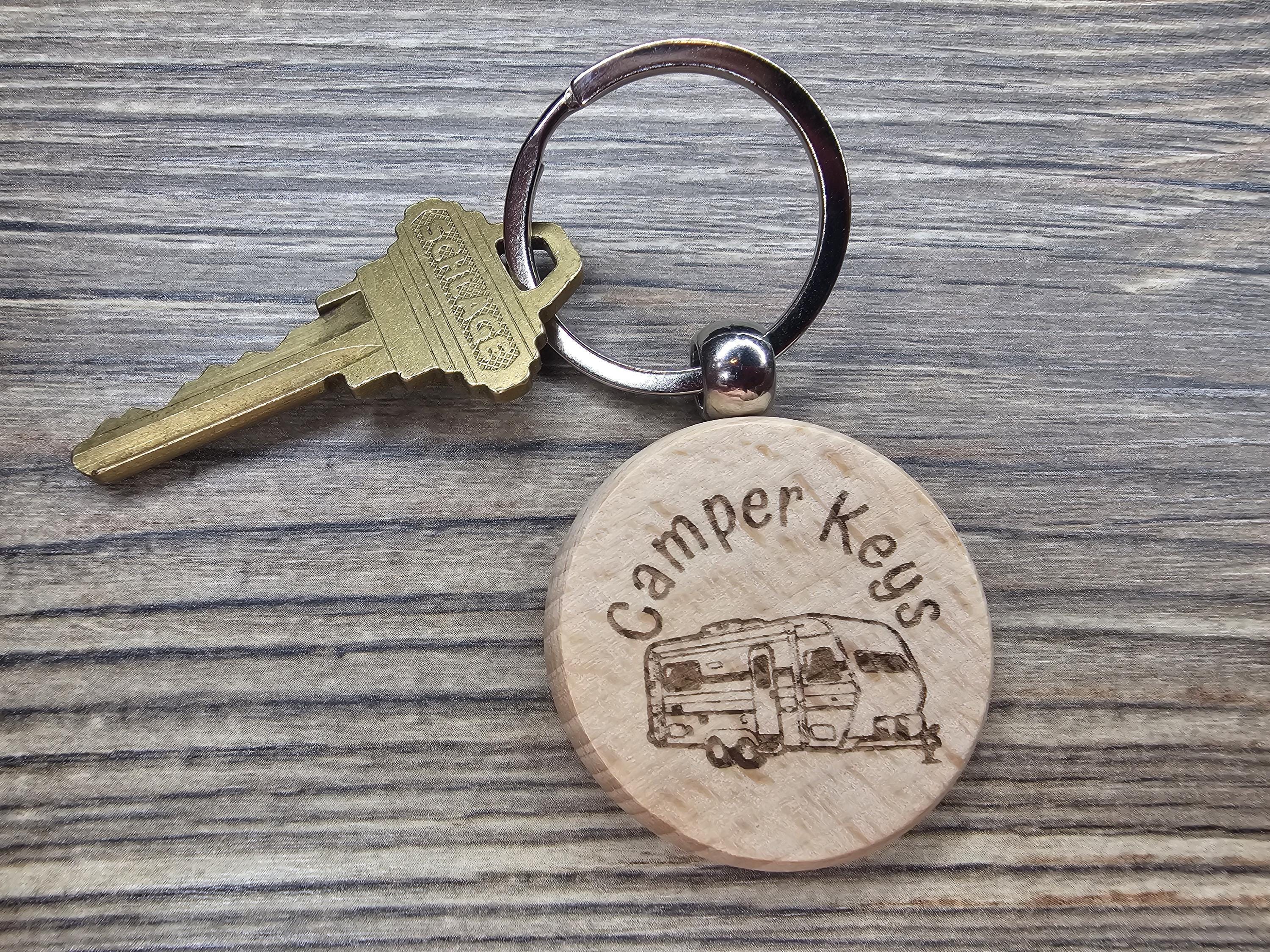 Laser engraved wood camper keychain: RV gift with stainless steel keyring