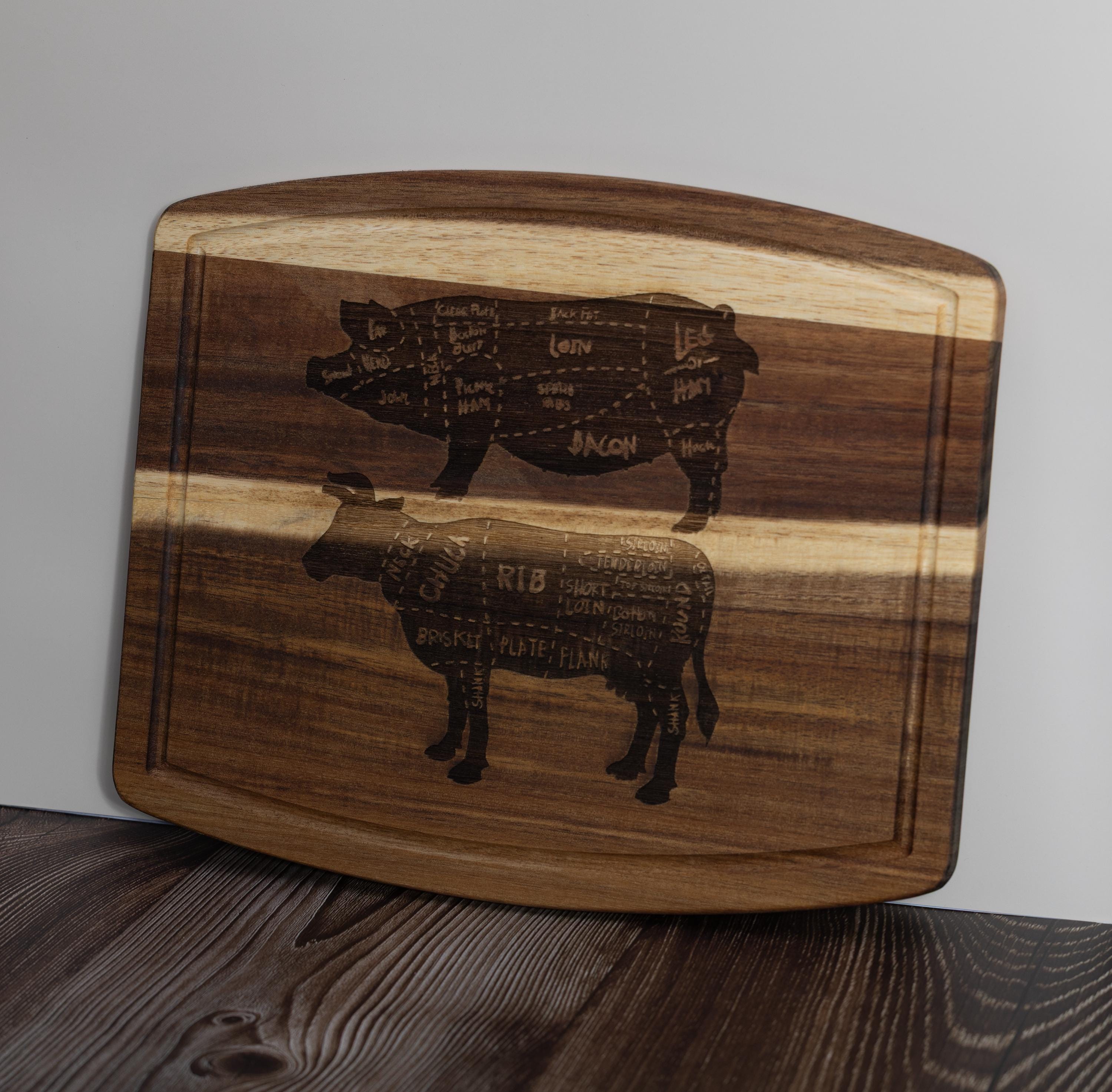 Acacia wood butcher diagram cutting board: laser engraved pig & cow chart