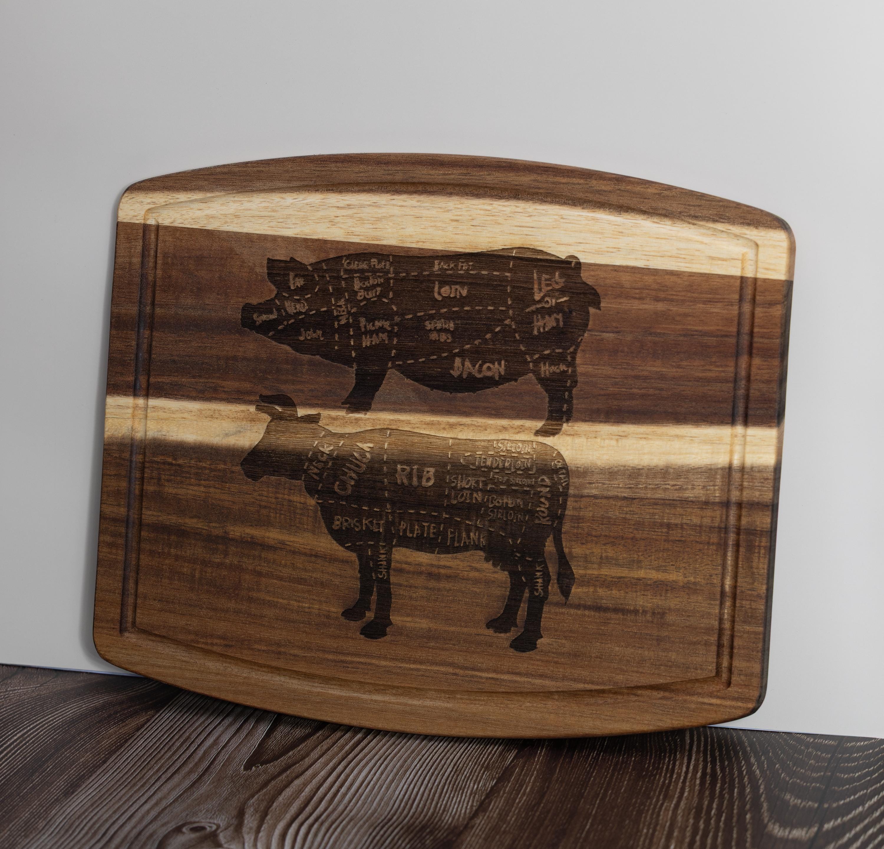 Acacia wood butcher diagram cutting board: laser engraved pig & cow chart