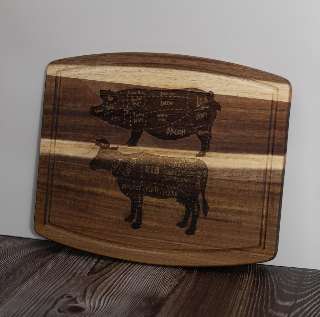 Acacia wood butcher diagram cutting board: laser engraved pig & cow chart