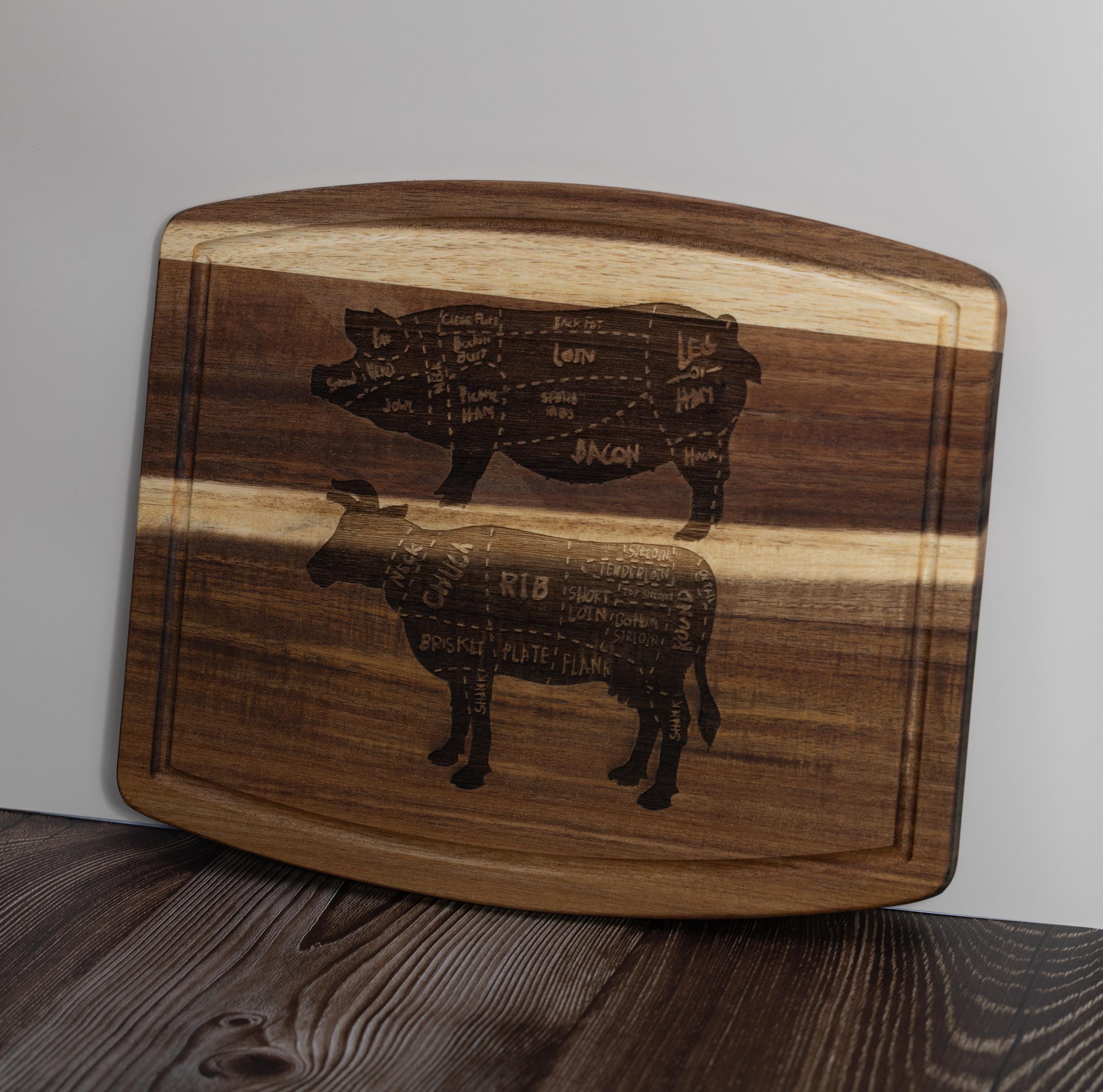 Acacia wood butcher diagram cutting board: laser engraved pig & cow chart