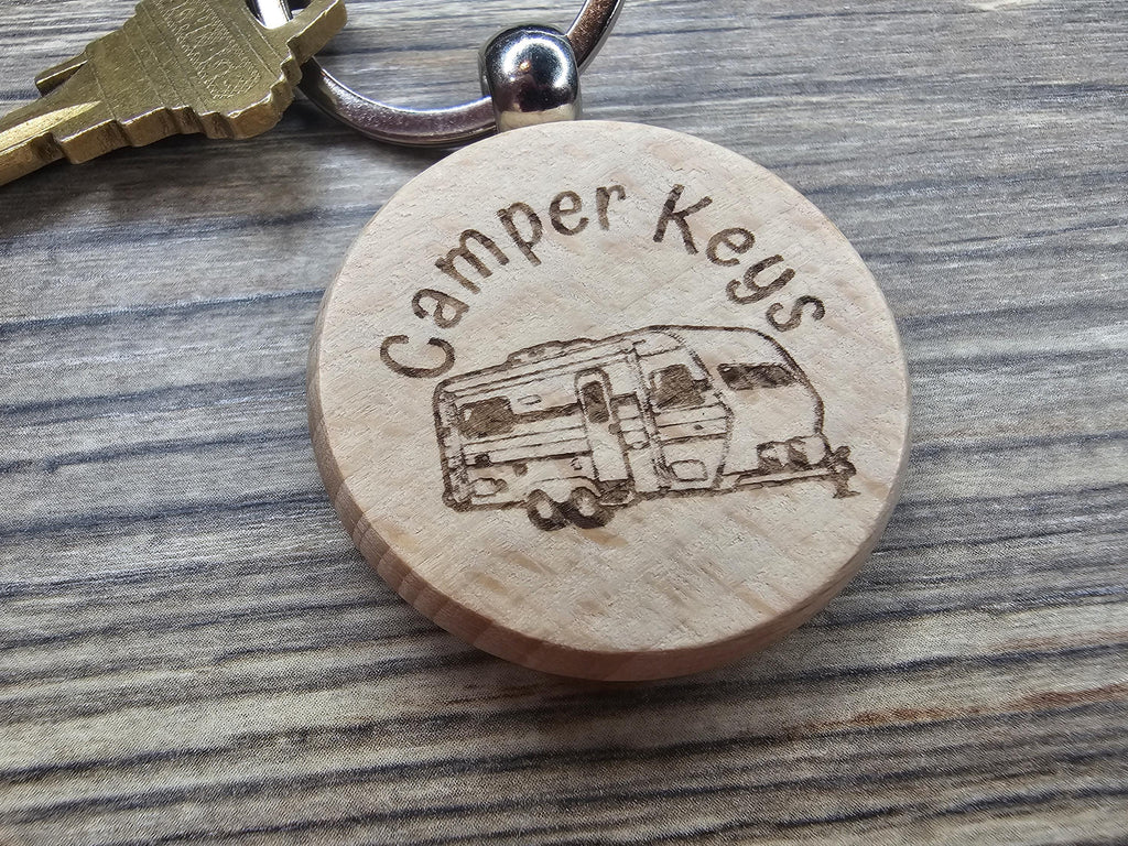 Laser engraved wood camper keychain: RV gift with stainless steel keyring