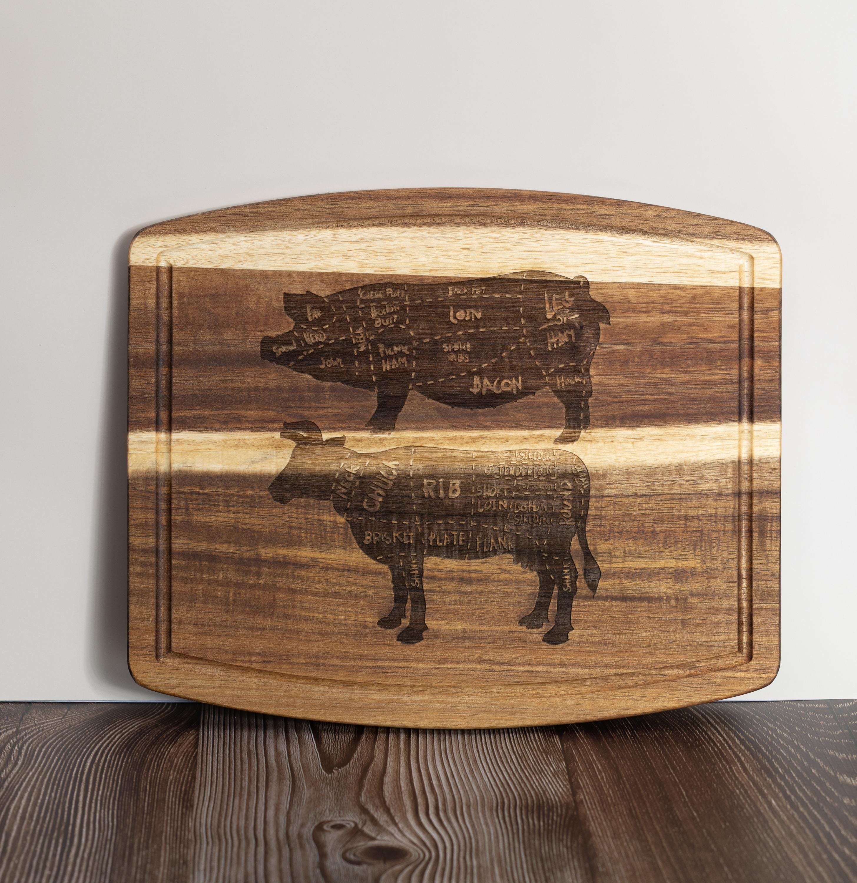 Acacia wood butcher diagram cutting board: laser engraved pig & cow chart