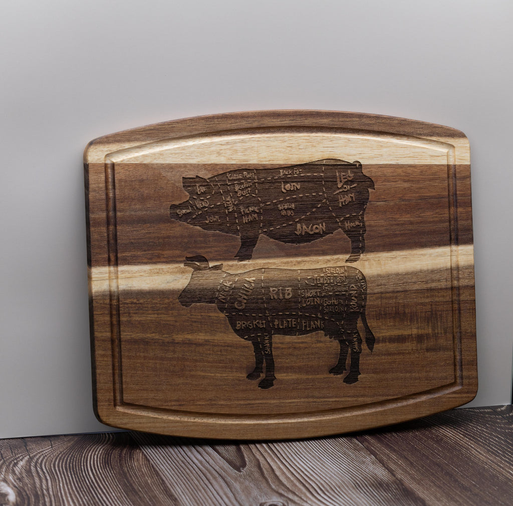 Acacia wood butcher diagram cutting board: laser engraved pig & cow chart