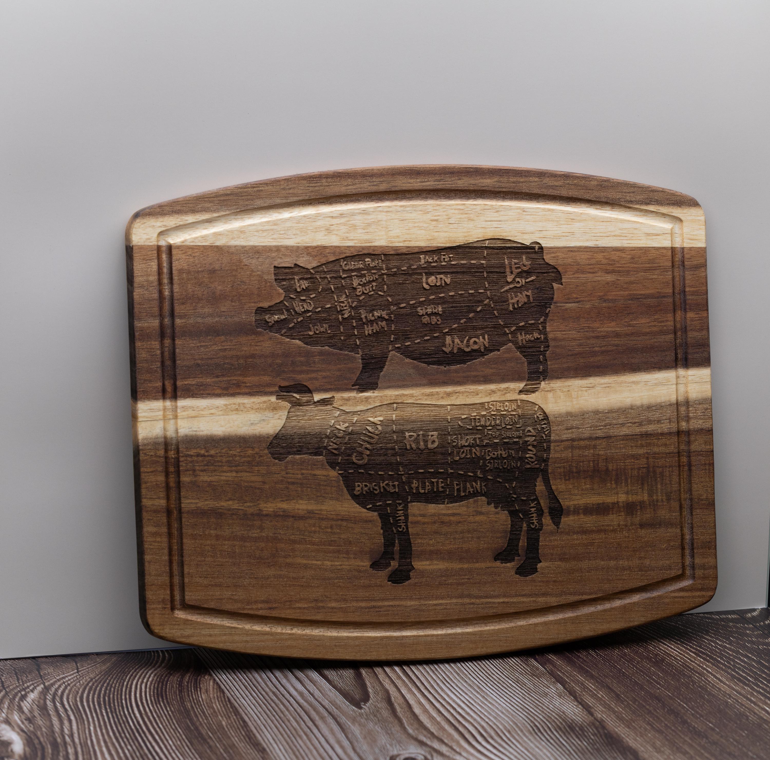 Acacia wood butcher diagram cutting board: laser engraved pig & cow chart