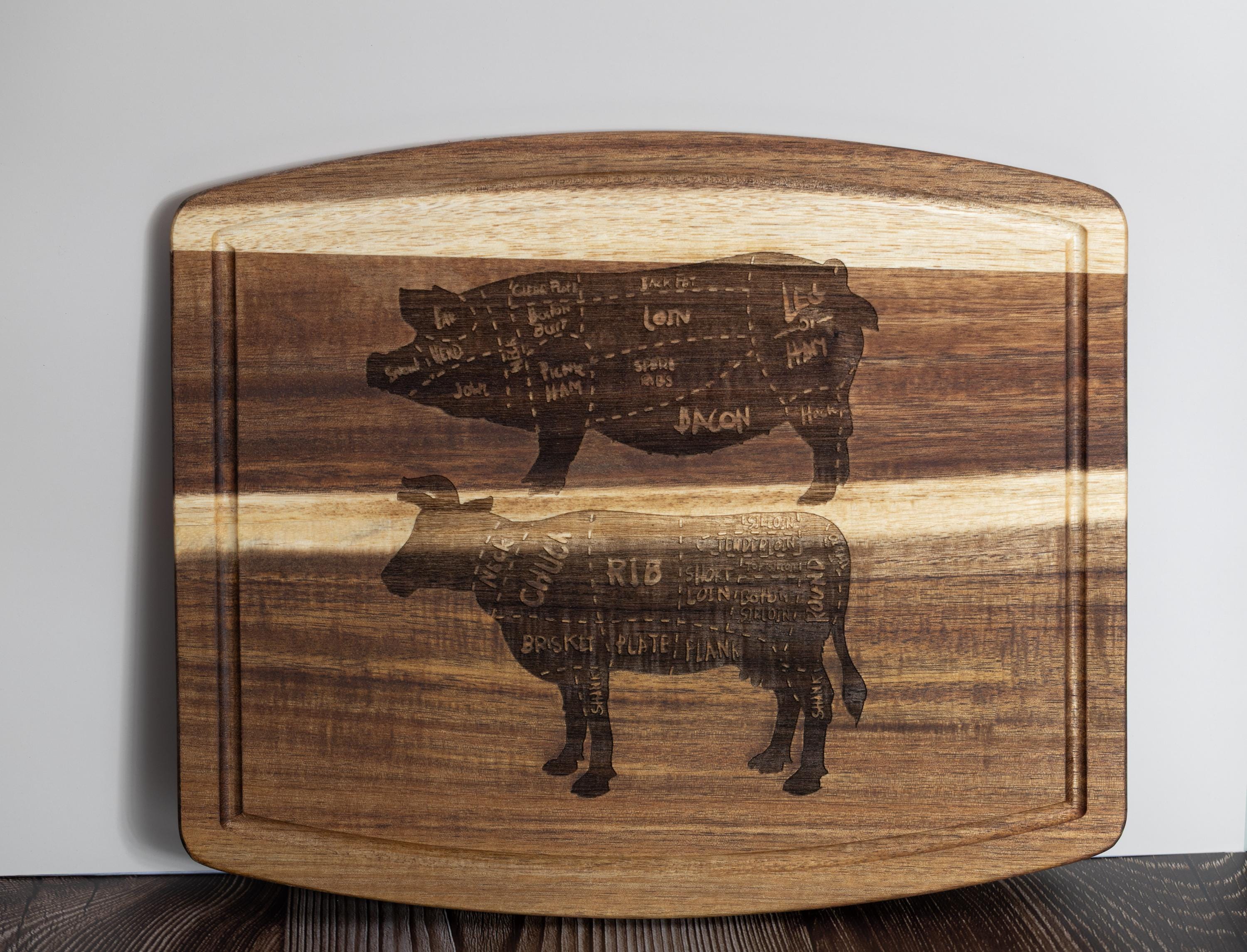 Acacia wood butcher diagram cutting board: laser engraved pig & cow chart