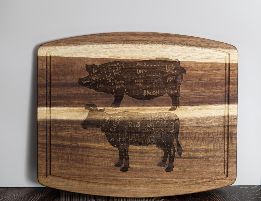 Acacia wood butcher diagram cutting board: laser engraved pig & cow chart