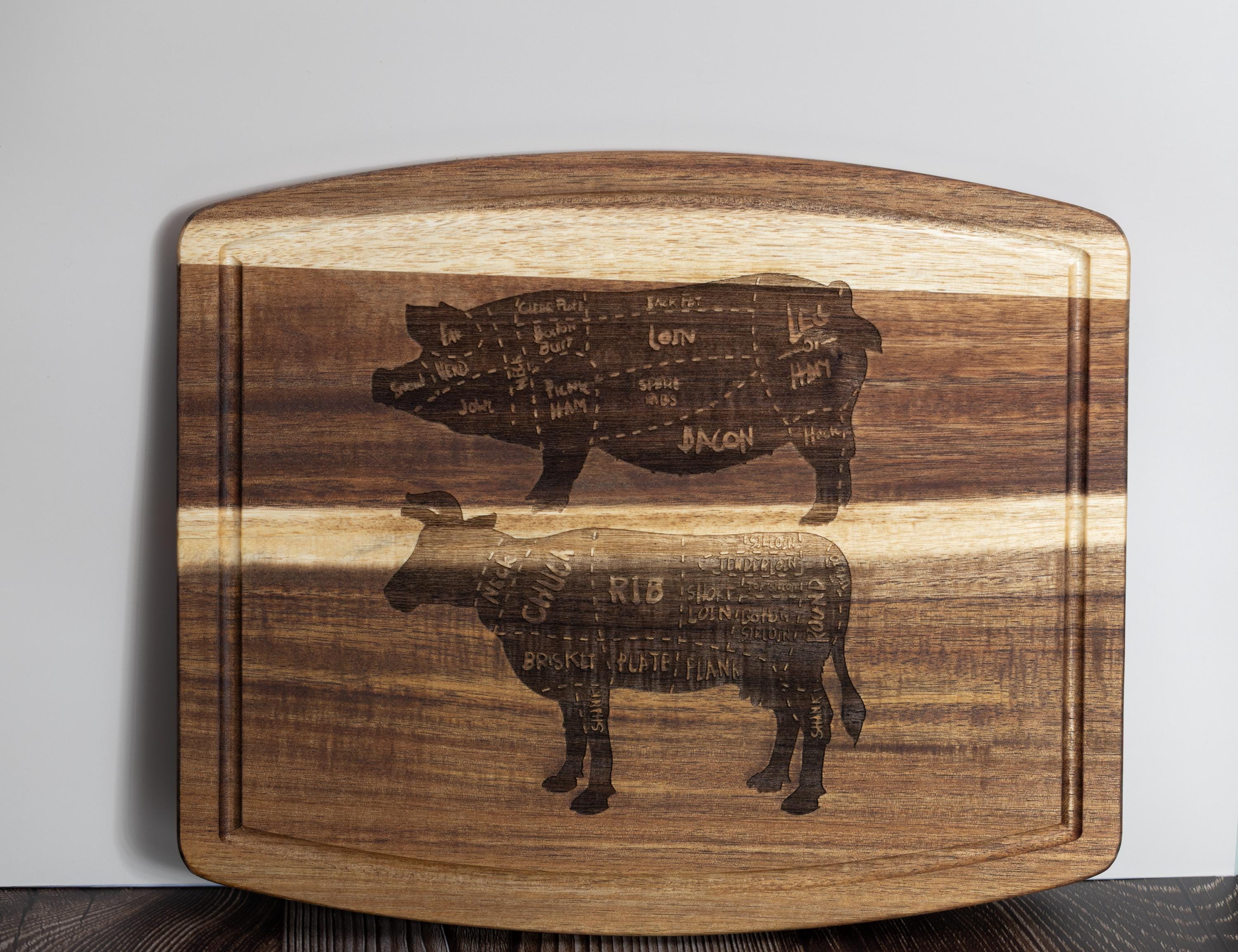 Acacia wood butcher diagram cutting board: laser engraved pig & cow chart