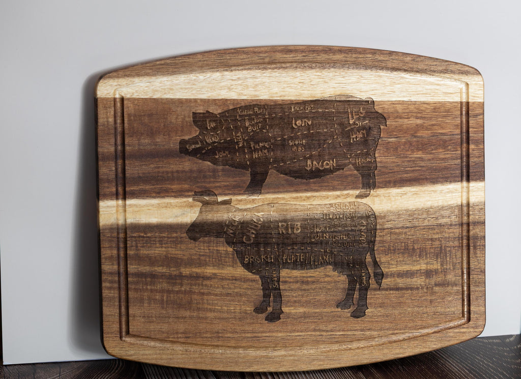 Acacia wood butcher diagram cutting board: laser engraved pig & cow chart