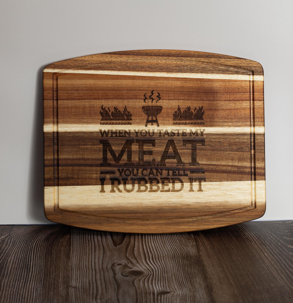 Funny engraved acacia wood cutting board: bbq grill gift (10x12)