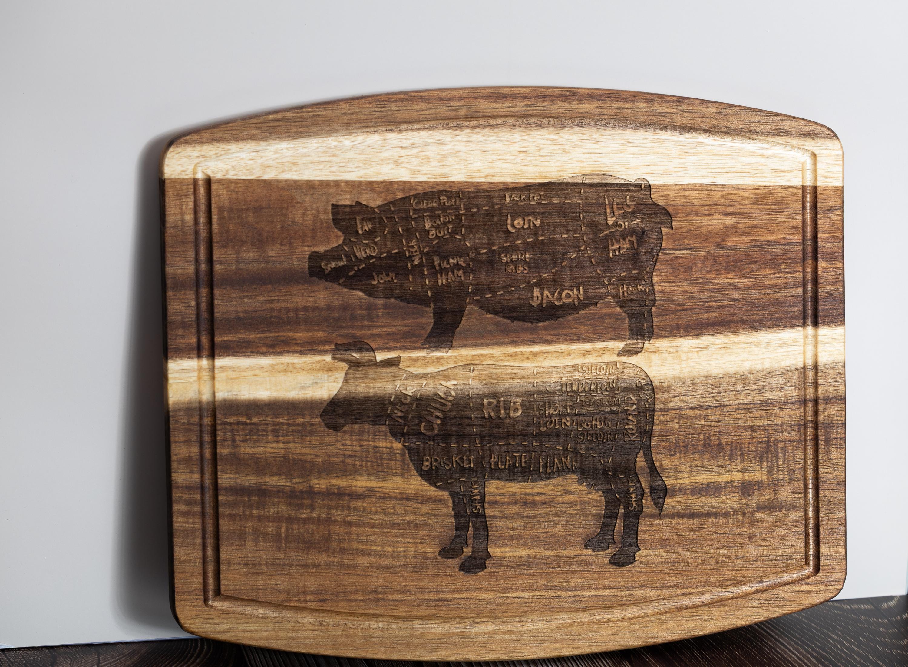 Acacia wood butcher diagram cutting board: laser engraved pig & cow chart