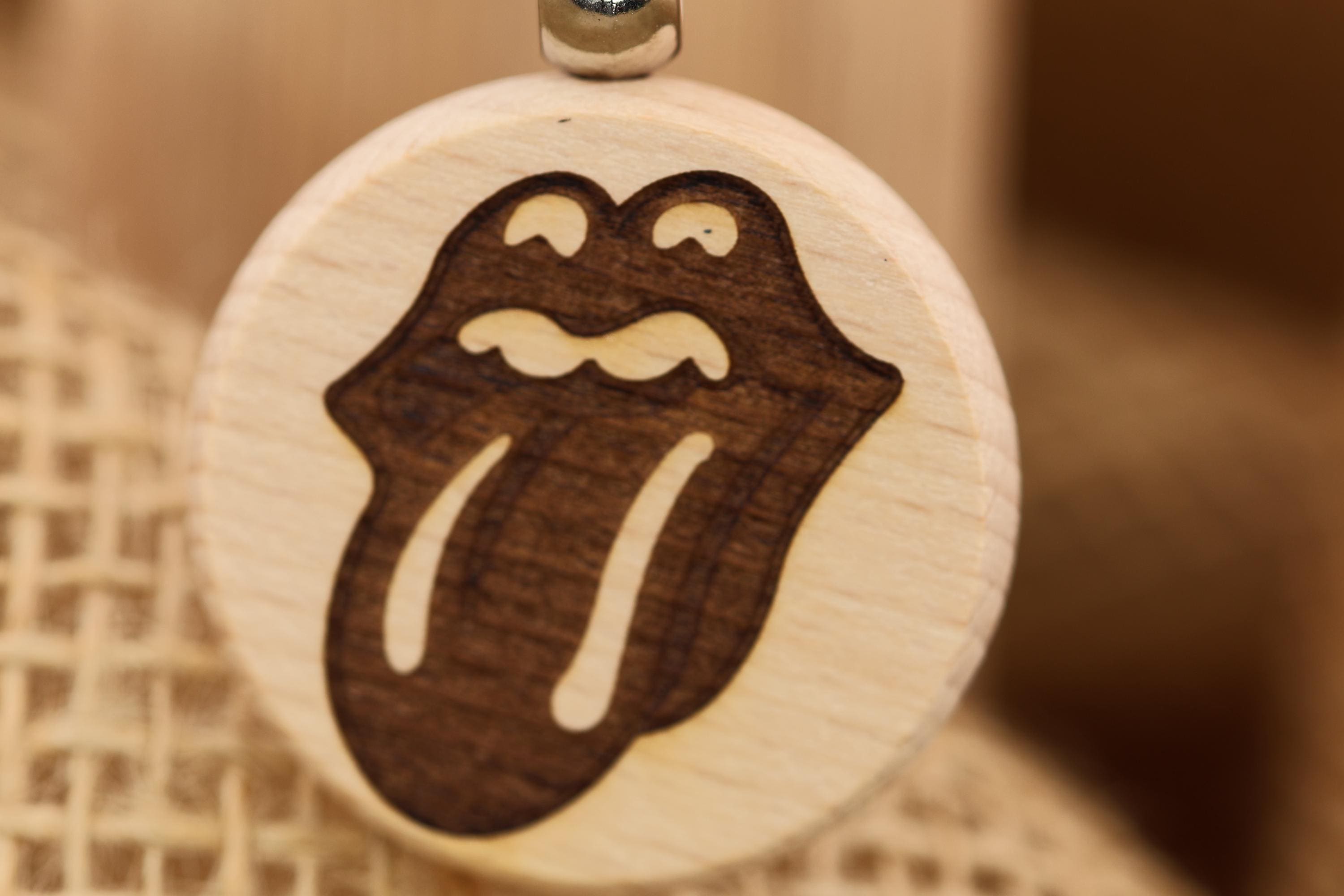 Rolling Stones Lips Keychain / Bag Charm: laser engraved hardwood, stainless steel keyring