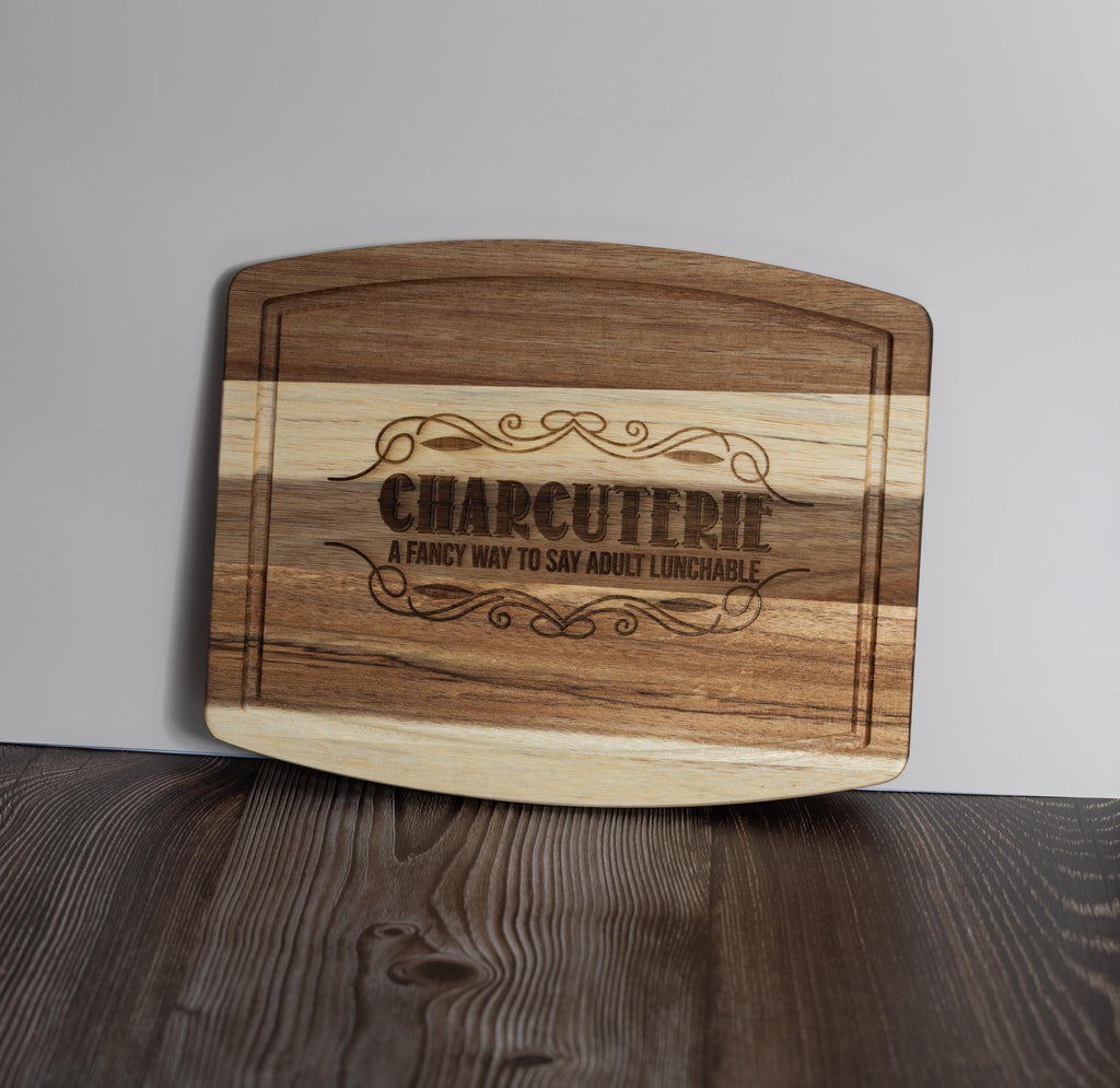 Funny 'adult lunchable' acacia wood charcuterie board - laser engraved