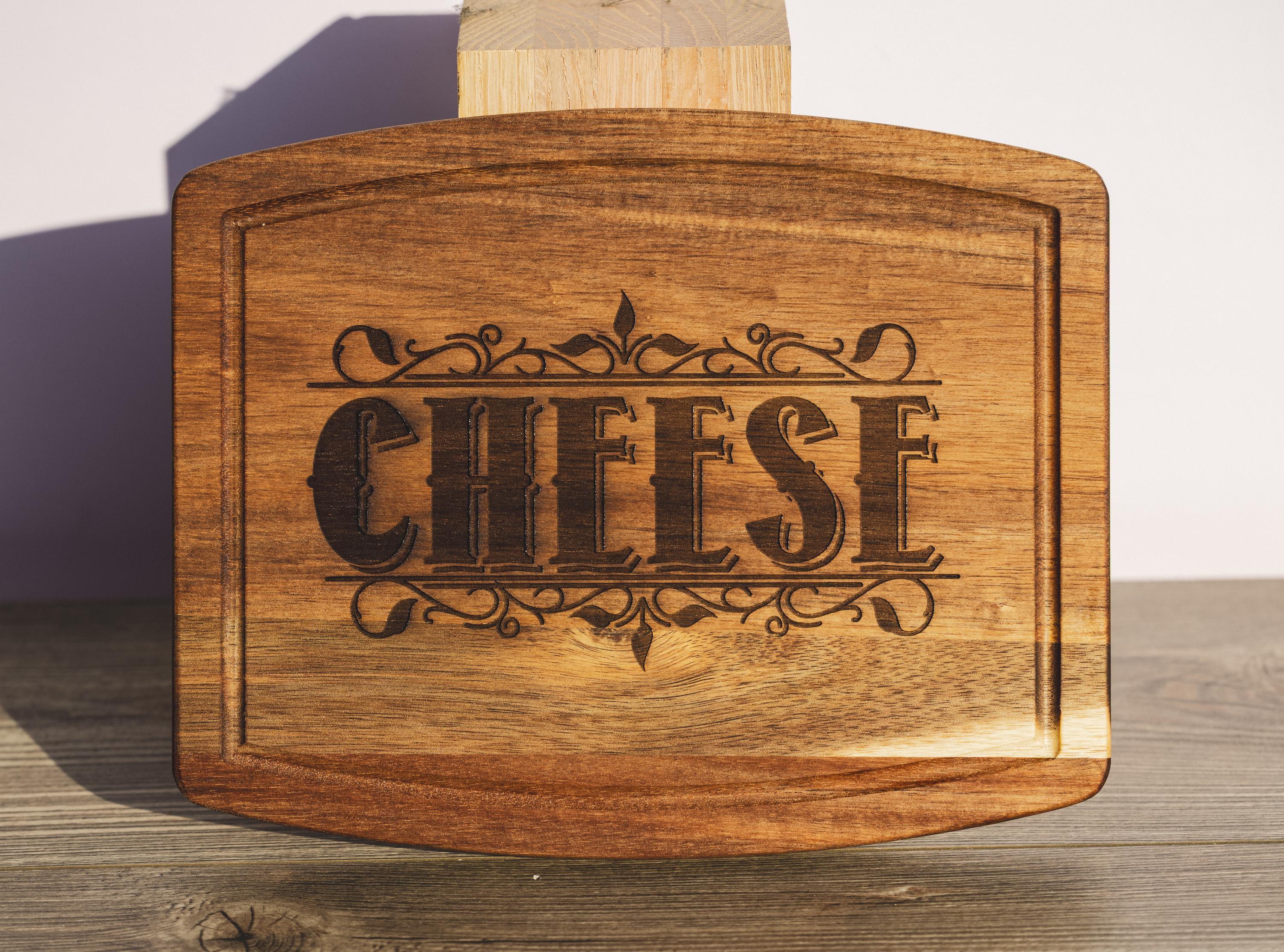 Acacia wood cheese charcuterie board: laser engraved rustic serving tray