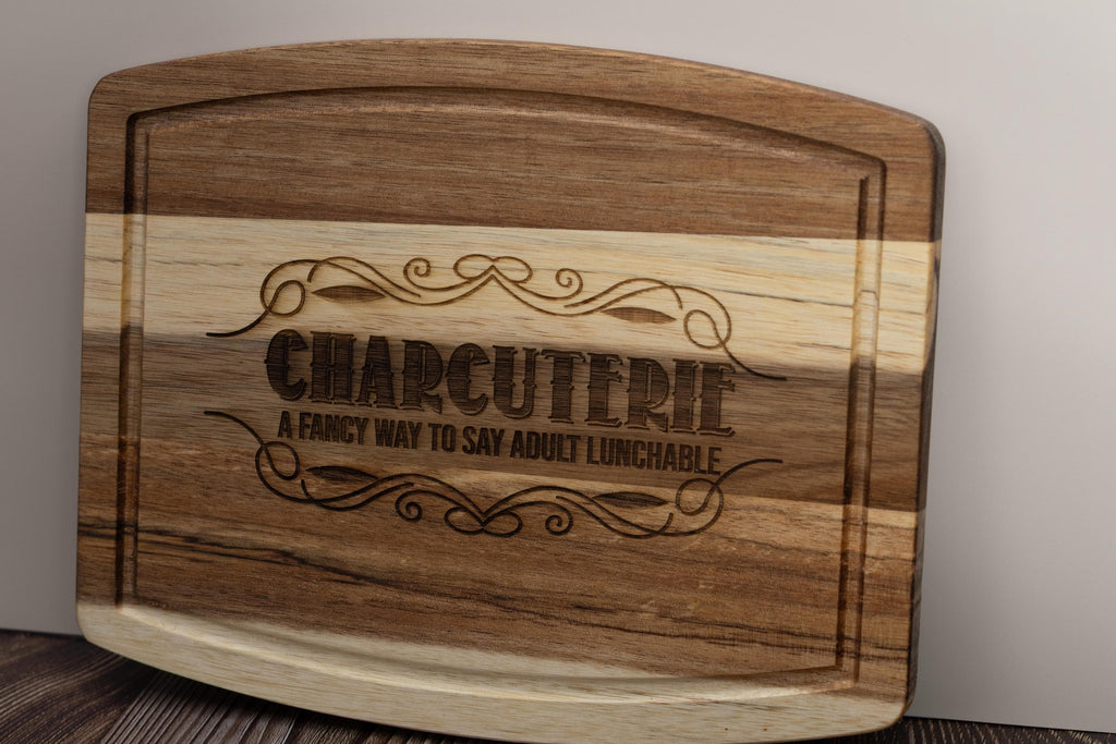 Funny 'adult lunchable' acacia wood charcuterie board - laser engraved